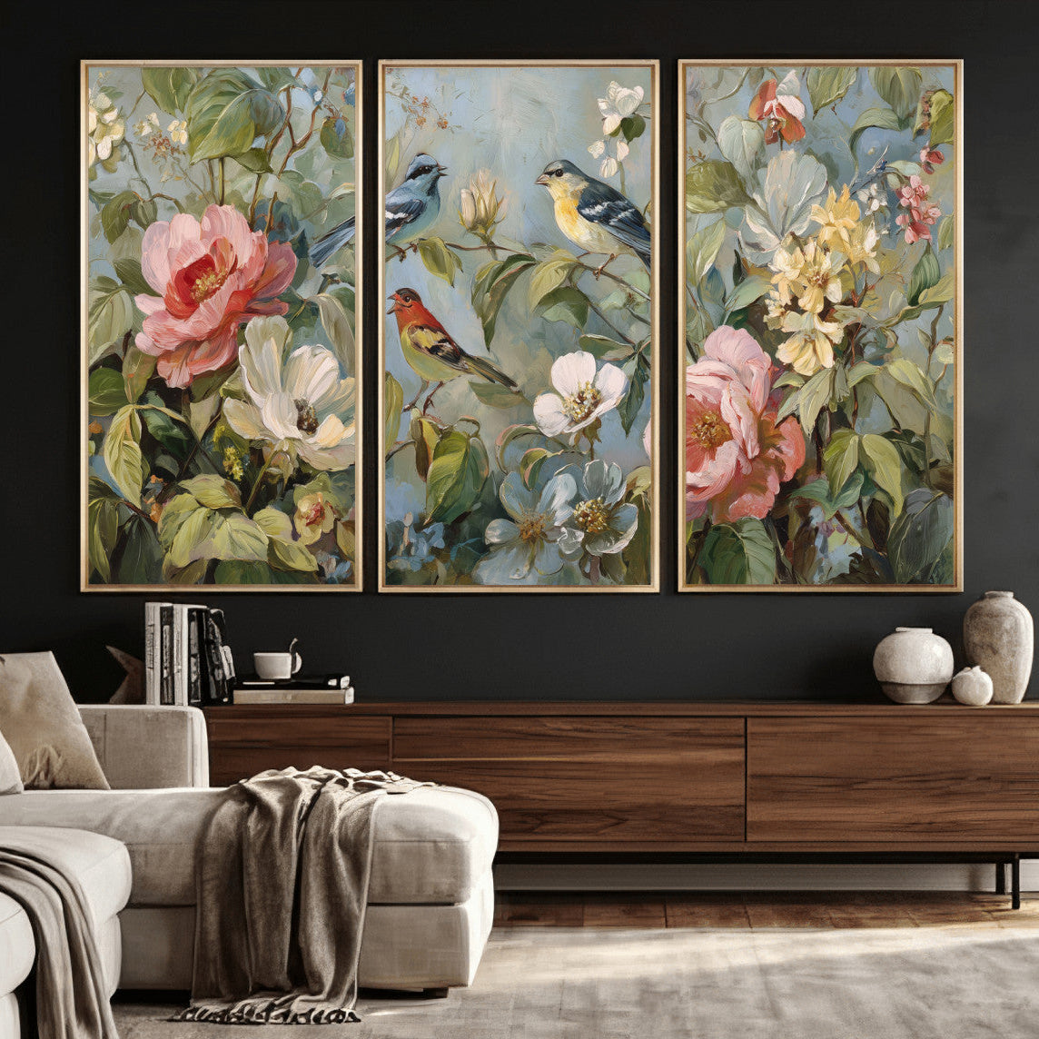 55440837-MGV-CV-36X24 - Vintage Birds and Flowers Wall Art Canvas Print, Botanical Bird Painting Canvas Print, Floral Garden Bird Artwork Canvas Print, Classic Bird Flower Painting Canvas Print