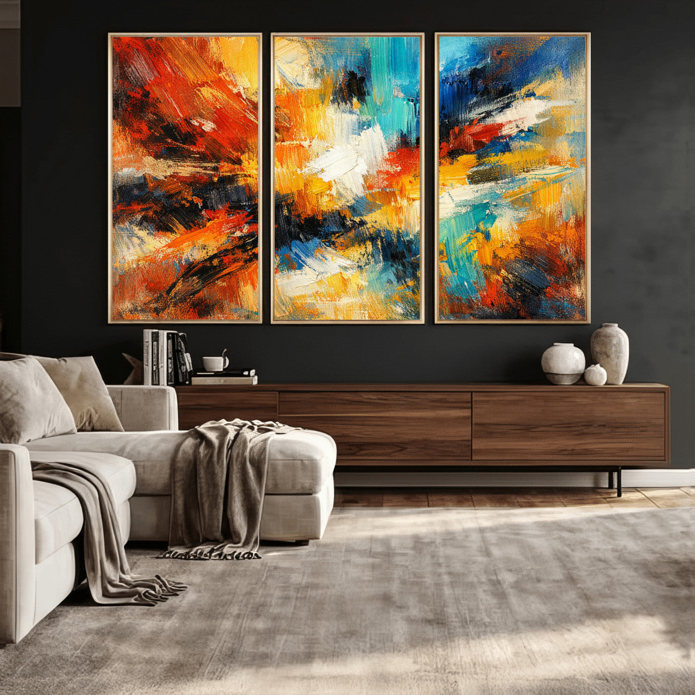 93167583-MGV-CV-36X24 - Geometric Abstract Wall Art Canvas Print, Orange Blue Abstract Expressionist Painting Print, Modern Geometric Abstract Canvas Art