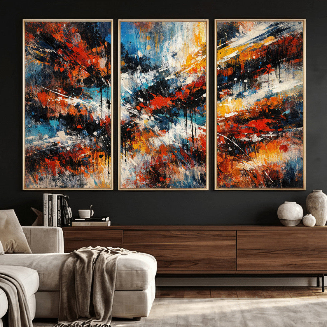 80276069-MGV-CV-36X24 - Geometric Abstract Wall Art Canvas Print, Orange Blue Abstract Expressionist Painting Print, Modern Geometric Abstract Canvas Art