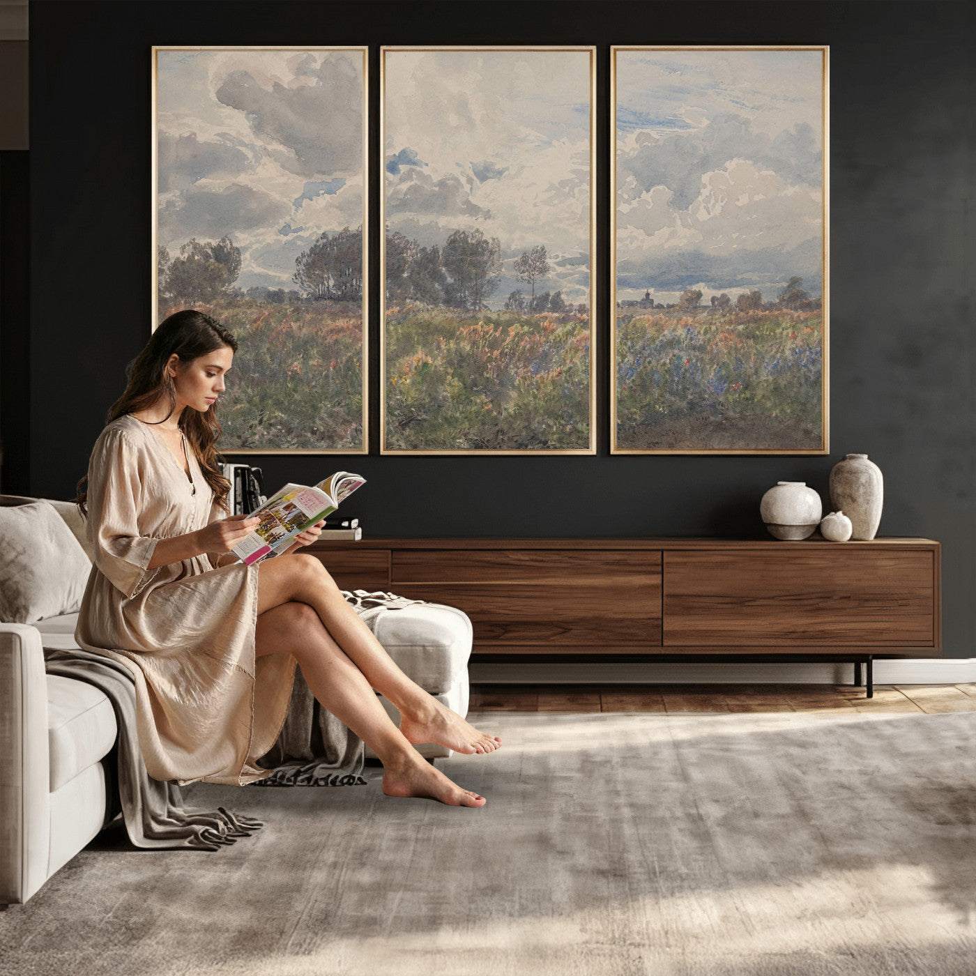 76626885-MGV-CV-36X24 - Vintage Watercolor Meadow Canvas Wall Art — English Pastoral Wildflower Storm Sky Print | Cottagecore Nature Decor | Classic Landscape Gift