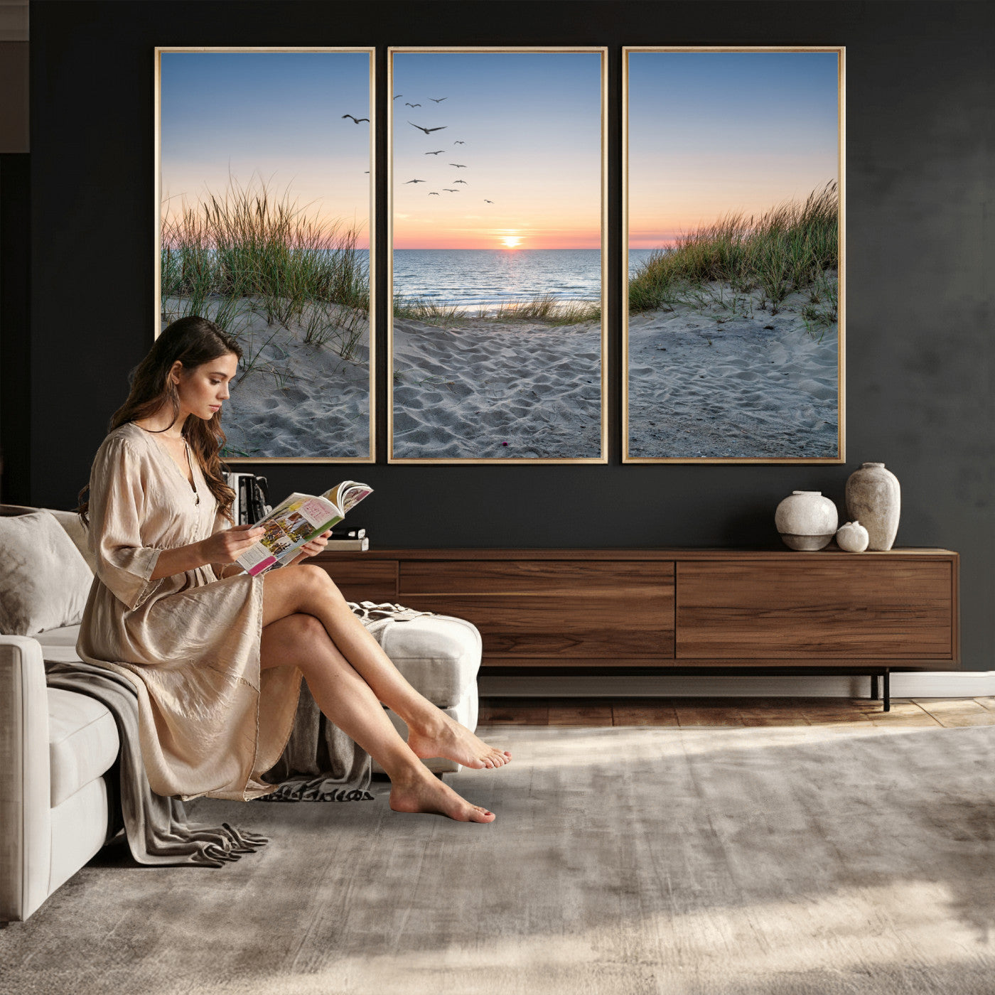 12172032-MGV-CV-36X24 - Sandy Dune Path Sunset Canvas Wall Art — Seagulls Beach Ocean Photography Print | Coastal Home Decor | Nautical Wall Art | Beach House Gift
