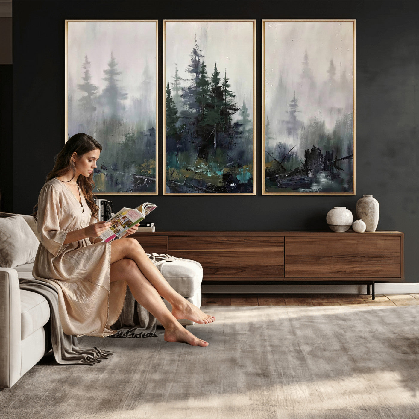 94143325-MGV-CV-36X24 - Misty Pine Forest Oil Painting Canvas — Dark Moody Teal Grey Tree Print | Japandi Scandinavian Wall Art | Minimalist Nature Decor Gift