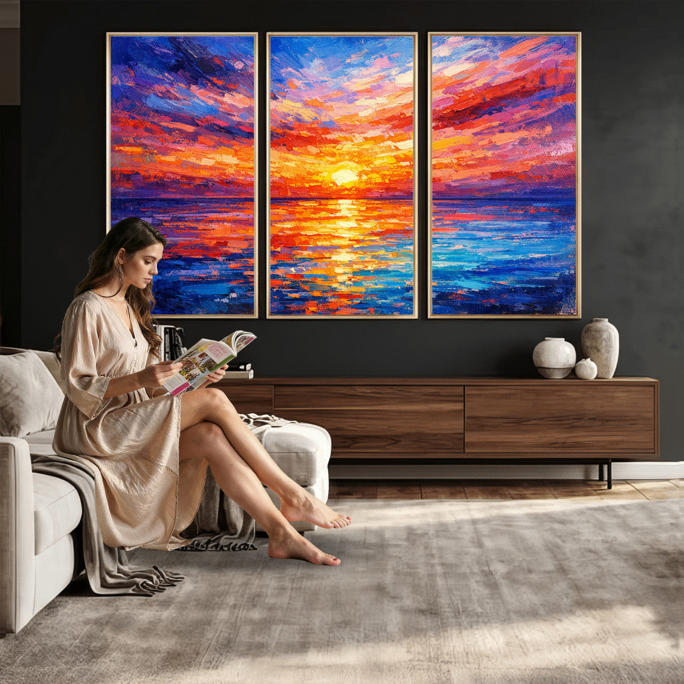 54915078-MGV-CV-36X24 - Colorful Knife Ocean Sunset Canvas — Orange Pink Teal Expressionist Sea Print | Colorful Coastal Wall Art | Vibrant Beach Decor Gift