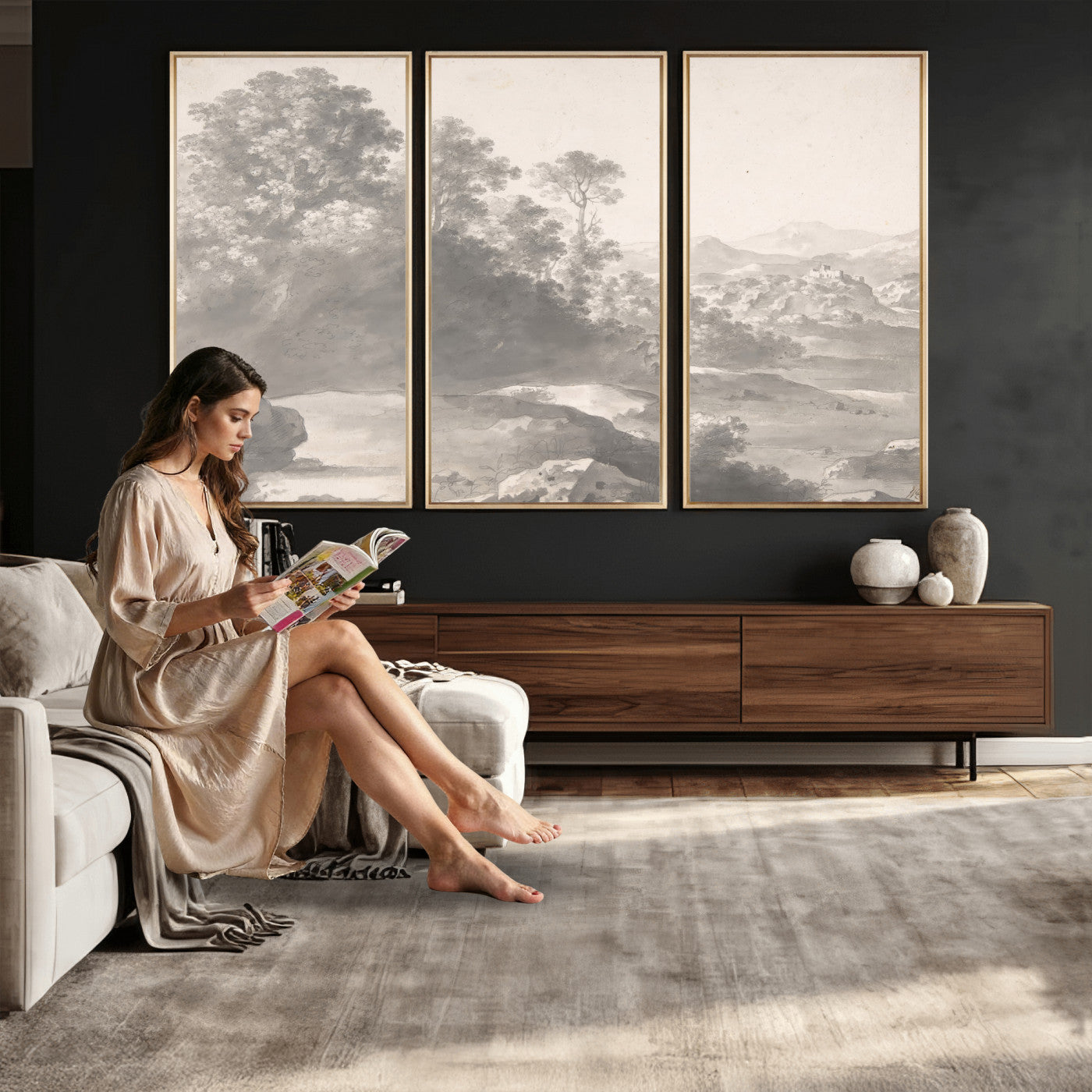 33041209-MGV-CV-36X24 - Van Poelenburch Landscape Canvas Wall Art — Dutch Golden Age Gray Wash Drawing Print | Baroque Italianate Nature Decor | Old Master Classic Gift