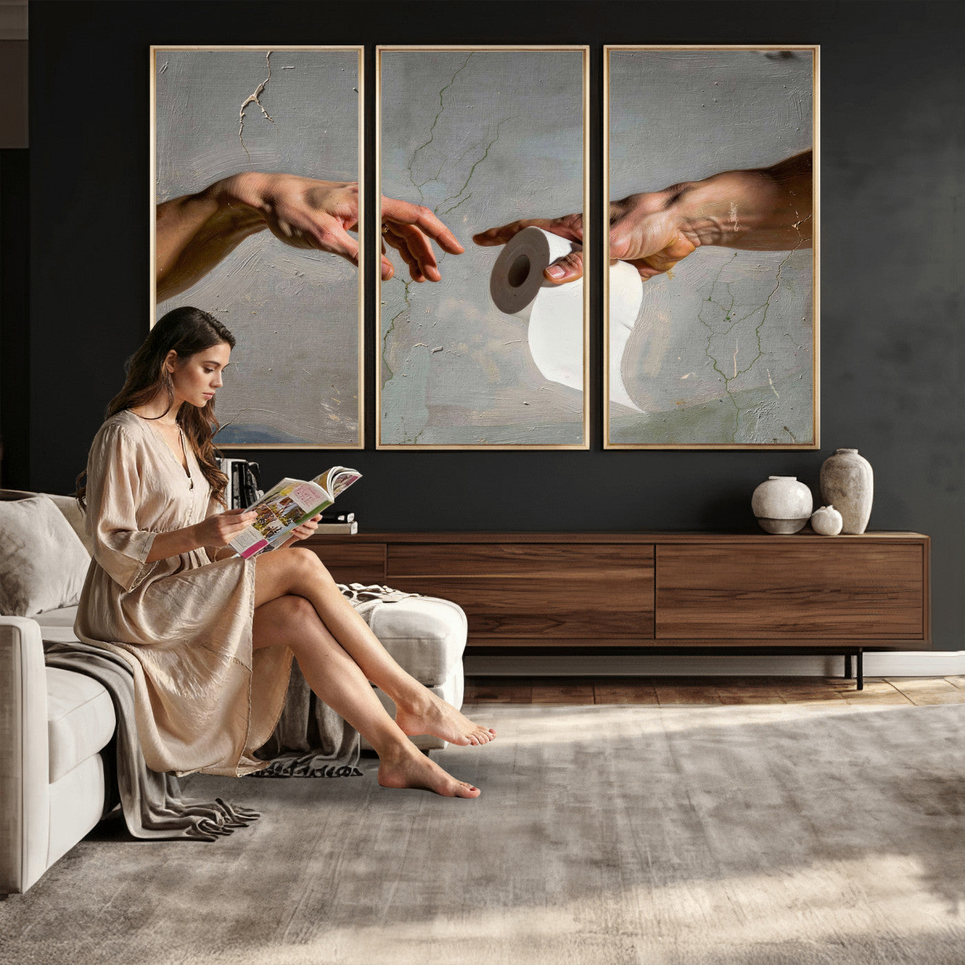 72030048-MGV-CV-36X24 - Funny Bathroom Wall Art Canvas, Creation of Toilet Paper Parody Print, Renaissance Humor Decor, Toilet Room Art, Quirky Housewarming Gift, Classic Art Spoof