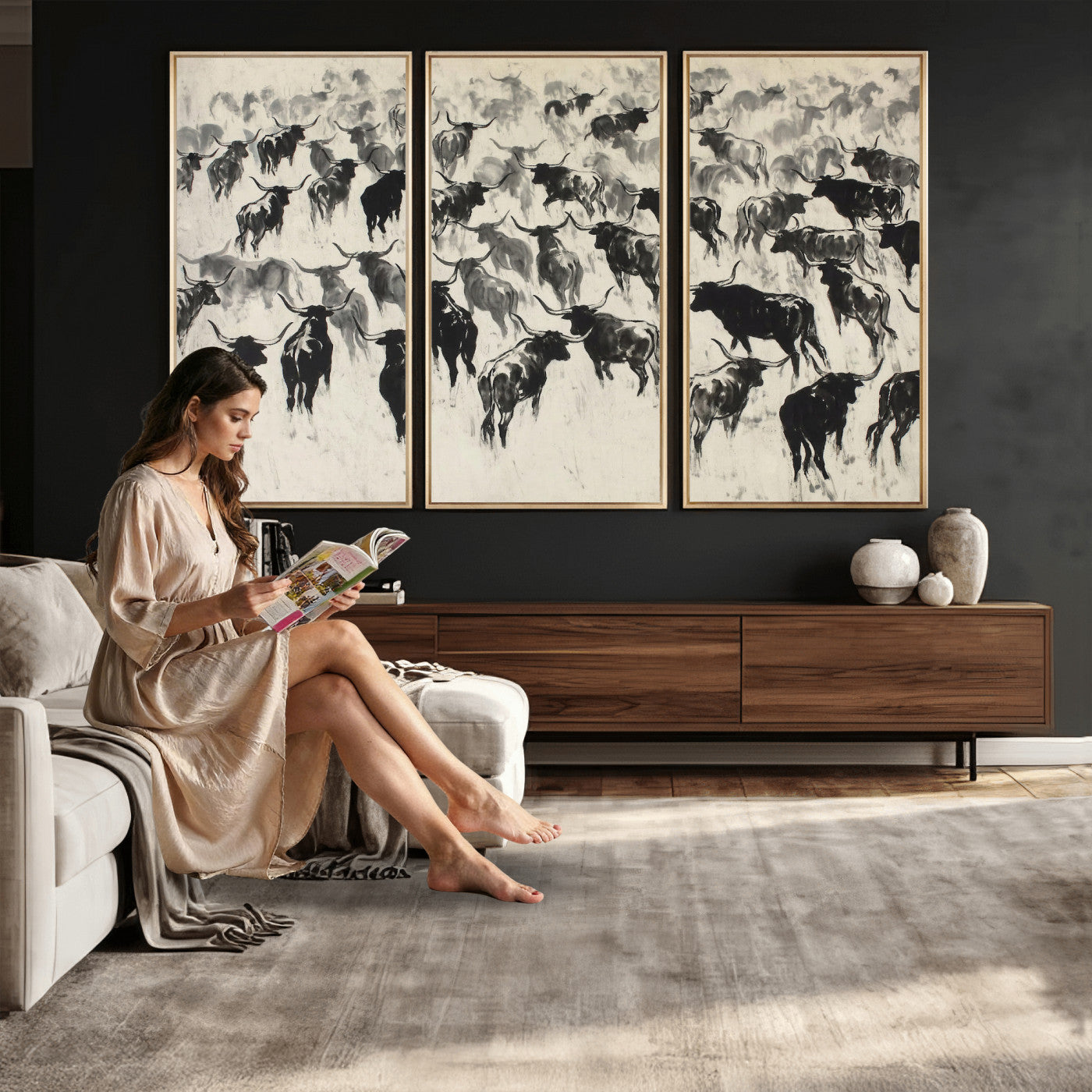 68669792-MGV-CV-36X24 - Longhorn Cattle Canvas Wall Art, Black White Stampede Ink Painting Print, Western Farmhouse Decor, Bull Herd Art, Large Living Room Wall Art, Ranch Home Decor