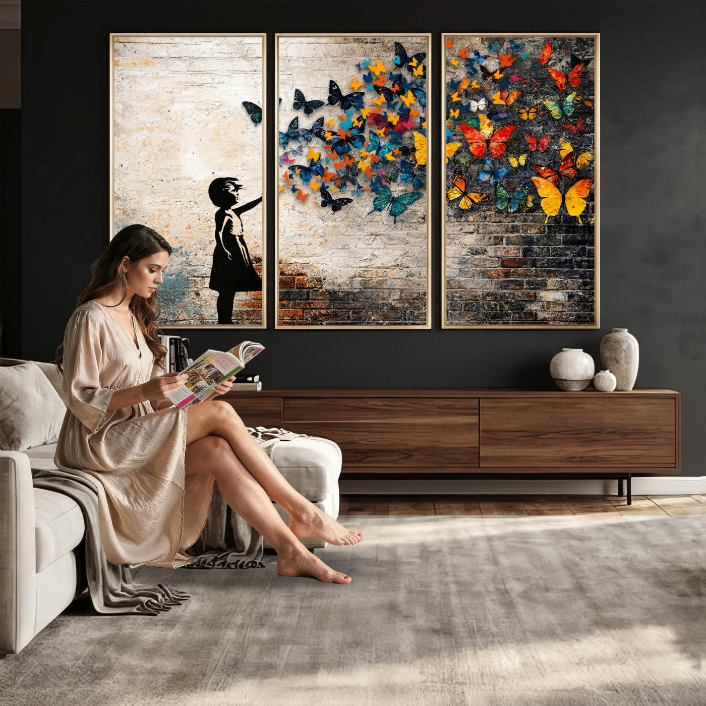 78760384-MGV-CV-36X24 - Banksy Graffiti Butterfly Girl Wall Art Canvas Print, Framed Street Art Canvas Print, Silhouette Butterfly Wall Art for Living Room Bedroom Office