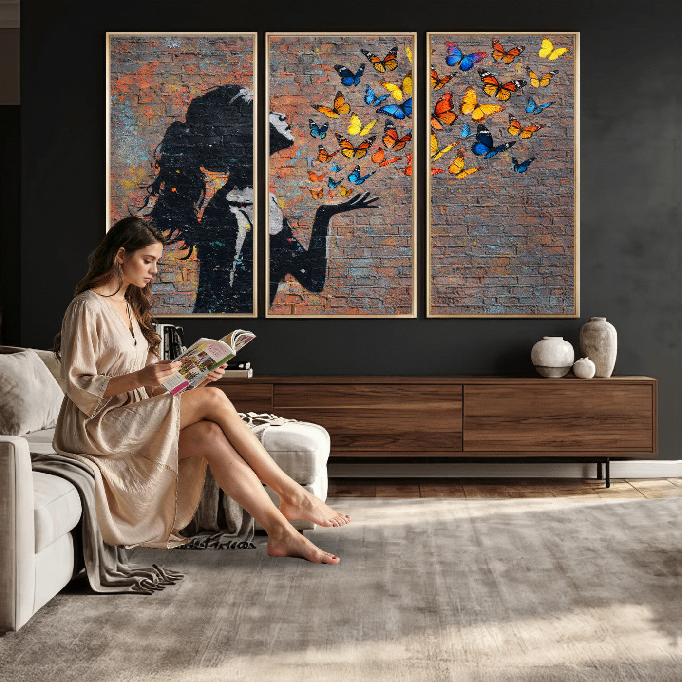 10555939-MGV-CV-36X24 - Urban Banksy Butterfly Girl Wall Art Canvas Print, Framed Street Art Canvas Print, Graffiti Silhouette Butterfly Wall Art for Living Room Bedroom Office