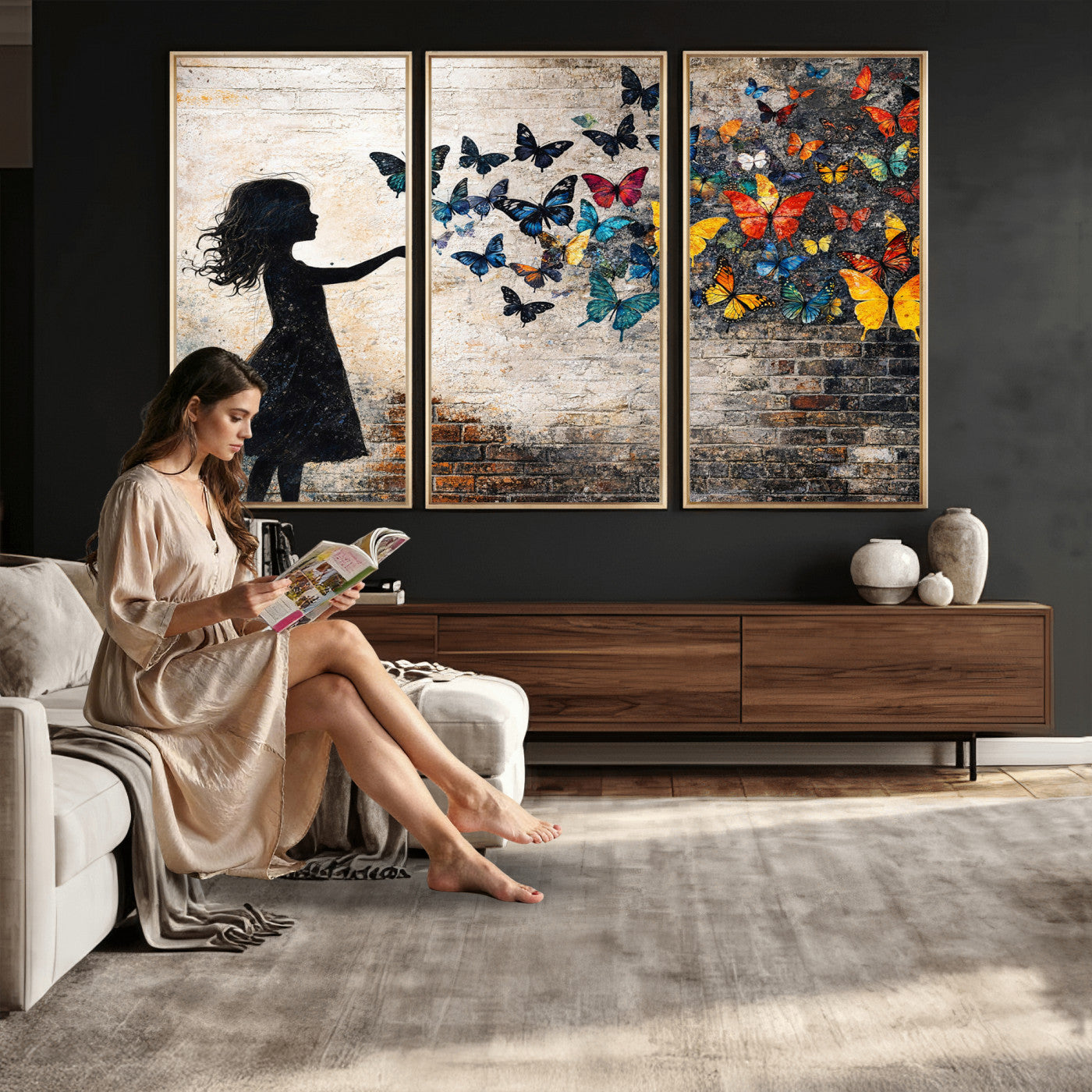 70522594-MGV-CV-36X24 - Banksy Butterfly Girl Wall Art Canvas Print, Framed Street Art Canvas Print, Graffiti Silhouette Butterfly Wall Art for Living Room Bedroom Office