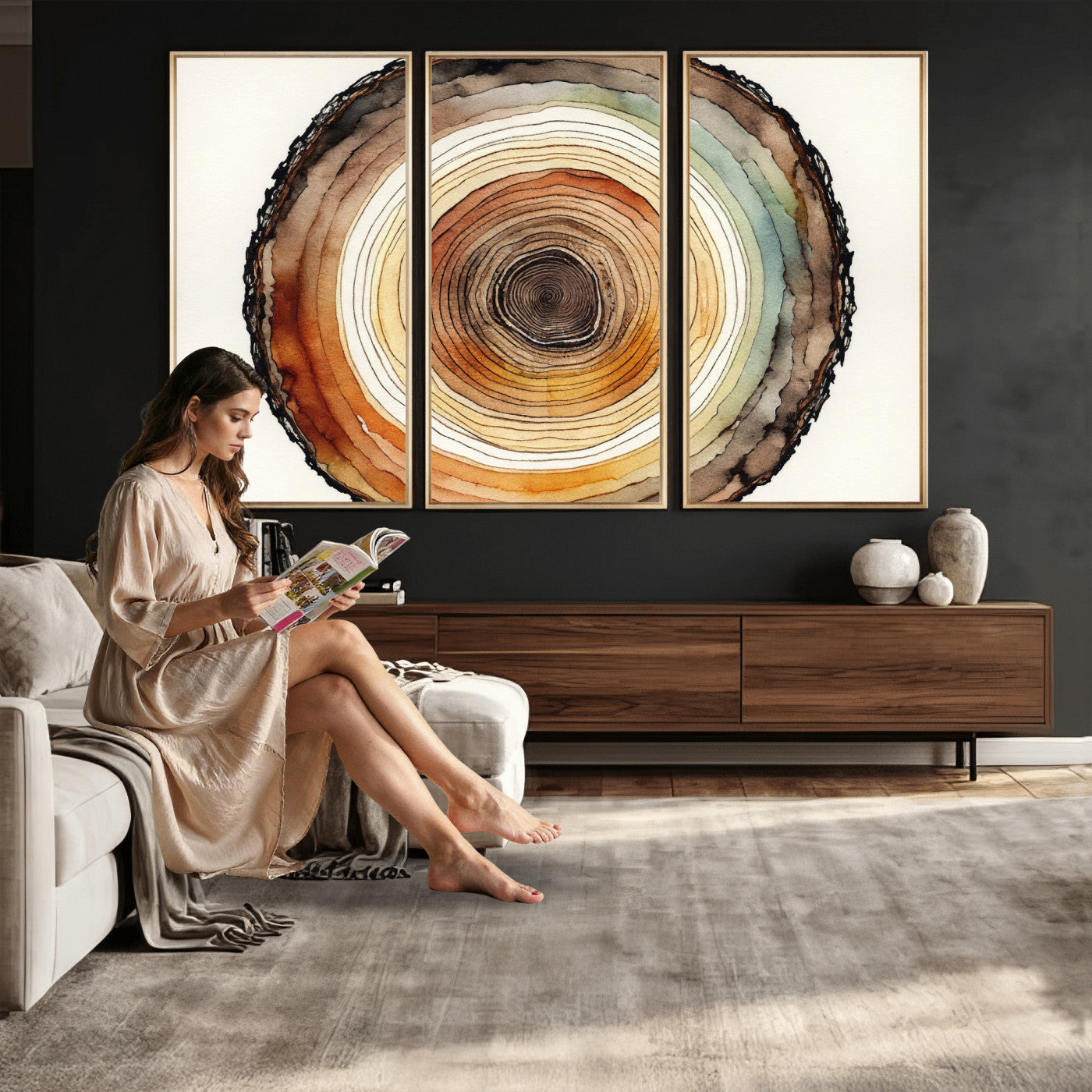 13719680-MGV-CV-36X24 - Natural Wood Slice Wall Art Canvas Print, Tree Ring Wall Art, Framed Abstract Nature Wall Decor, Earth Tone Statement Canvas Print