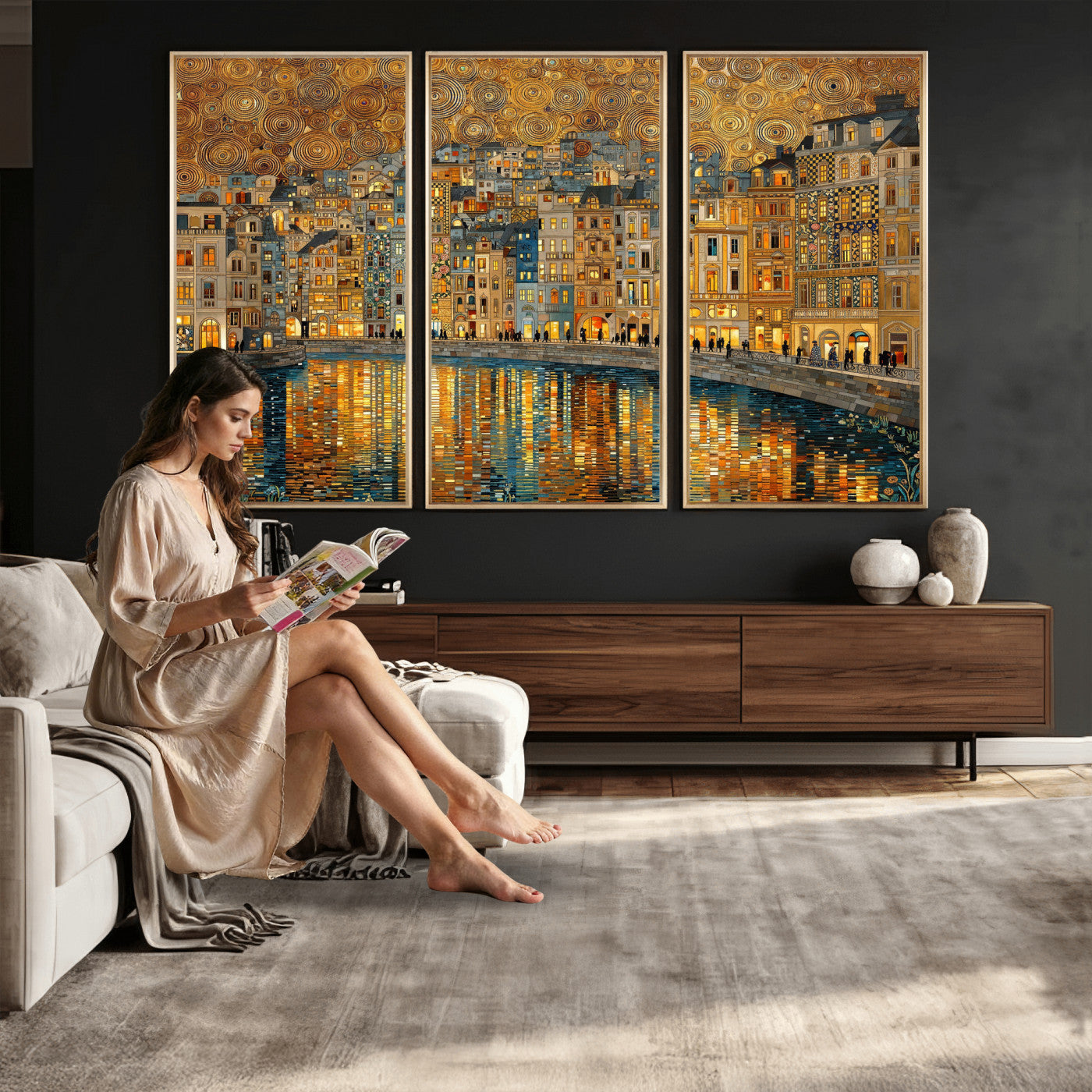 94022787-MGV-CV-36X24 - Gustav Klimt Golden Cityscape Wall Art Canvas Print, Framed River Town Landscape Artwork, Ornate Architecture Wall Decor for Living Room Bedroom Office