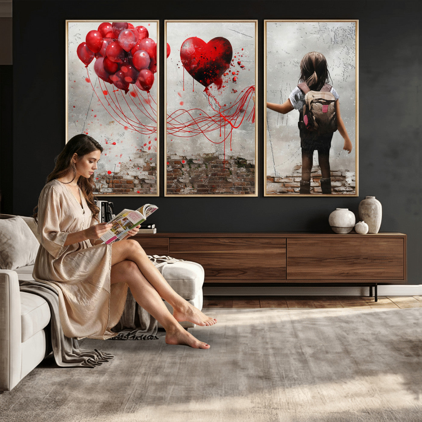 2162830T-MGV-CV-36X24 - Girl Graffiti Wall Art Canvas Print, Red Balloon Heart Street Art, Urban Love Artwork for Living Room Bedroom Hallway Office, Modern Abstract Canvas Wall Decor Home Decor