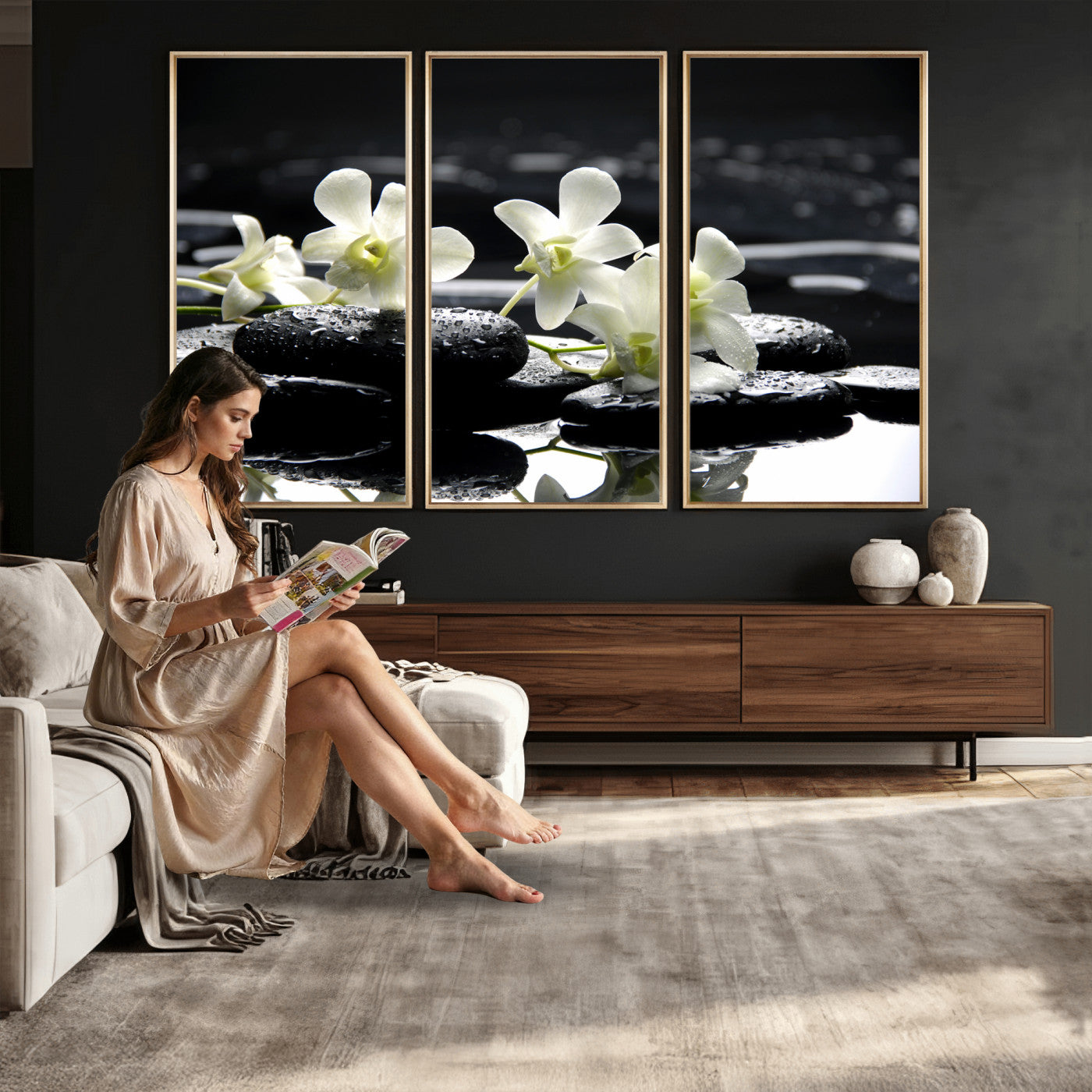 79486206-MGV-CV-36X24 - Plumeria Frangipani Black Stone Canvas | White Flower Spa Photography Print | Tropical Zen Wall Art | Grey Pebble Floral for Meditation Room Decor