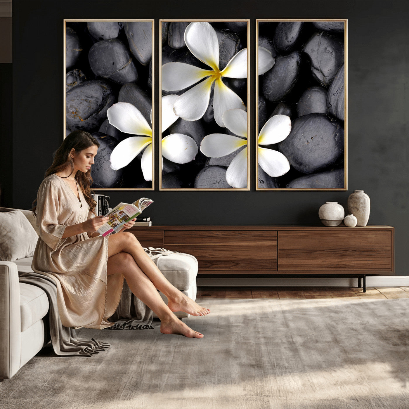 43639613-MGV-CV-36X24 - Plumeria Frangipani Black Stone Canvas | White Flower Spa Photography Print | Tropical Zen Wall Art | Grey Pebble Floral Decor