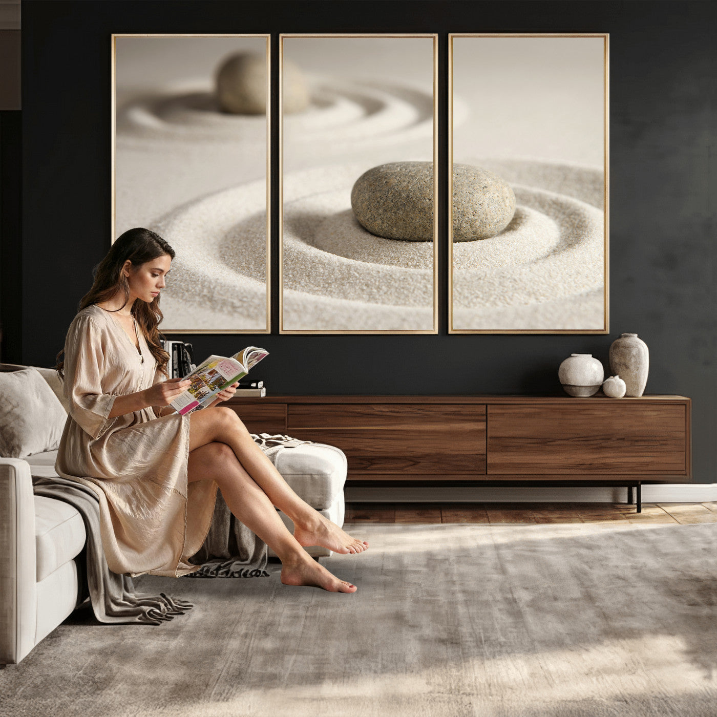 13397966-MGV-CV-36X24 - Zen Garden Stone Sand Canvas | Japanese Rock Garden Wall Art | Minimalist Meditation Print | Neutral Beige Mindfulness Decor