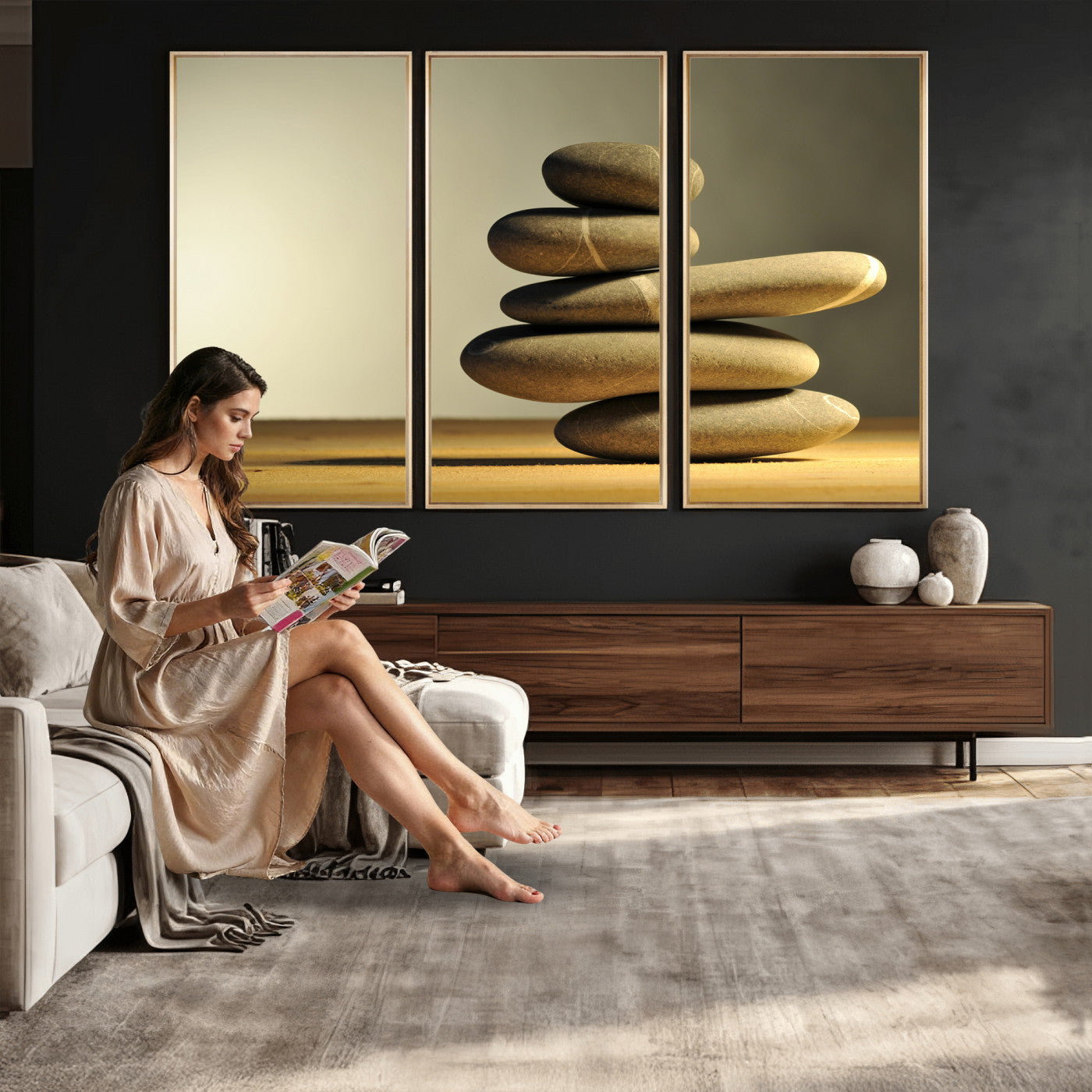 85424263-MGV-CV-36X24 - Zen Stone Wall Art Canvas Print, Balanced Rock Stack Framed Spa Artwork, Minimalist Meditation Decor for Living Room Bedroom Office Bathroom