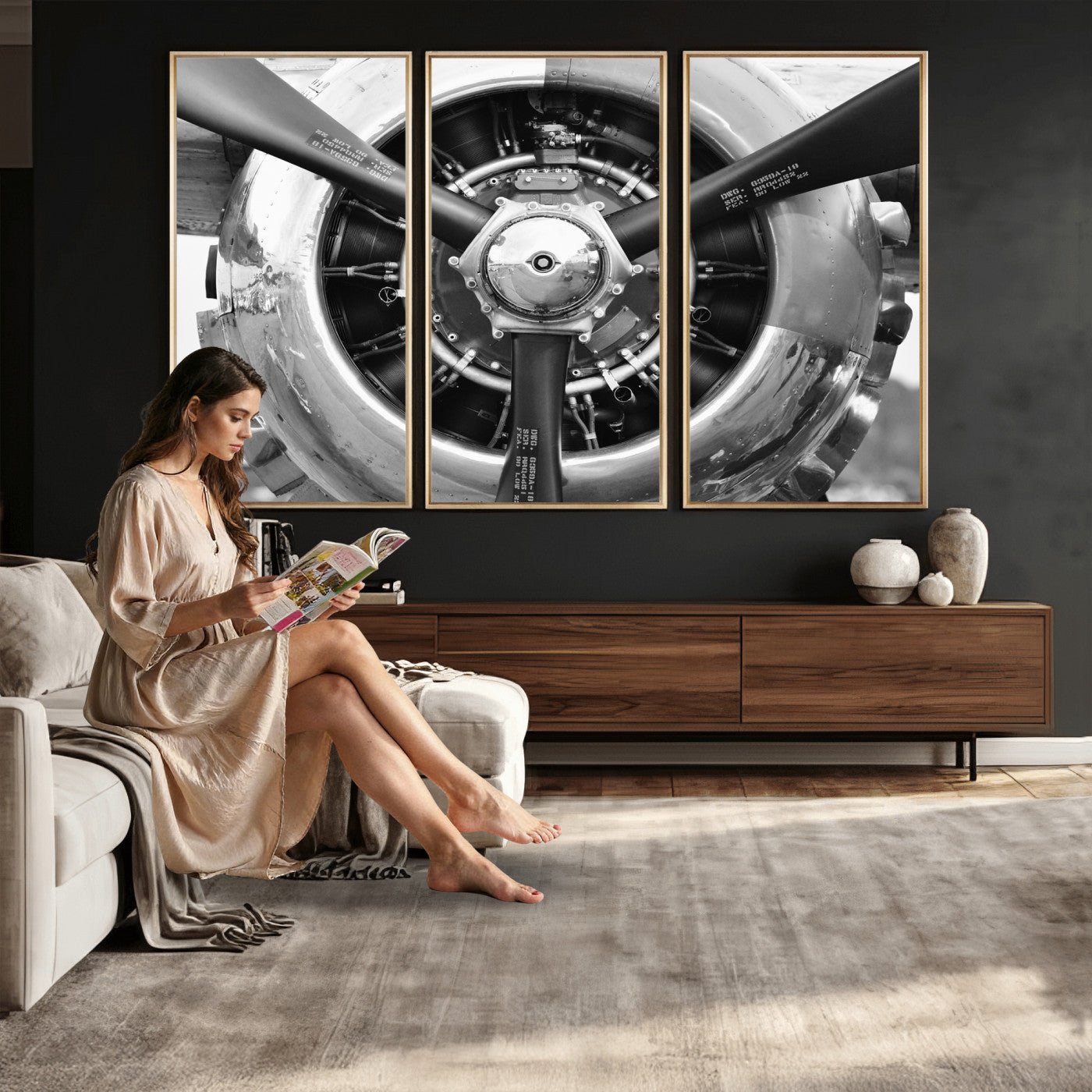 73322230-MGV-CV-36X24 - Vintage Propeller Plane Wall Art Canvas Print, Black and White Airplane Engine Close Up Framed Aviation Artwork for Pilot Office Hangar Decor