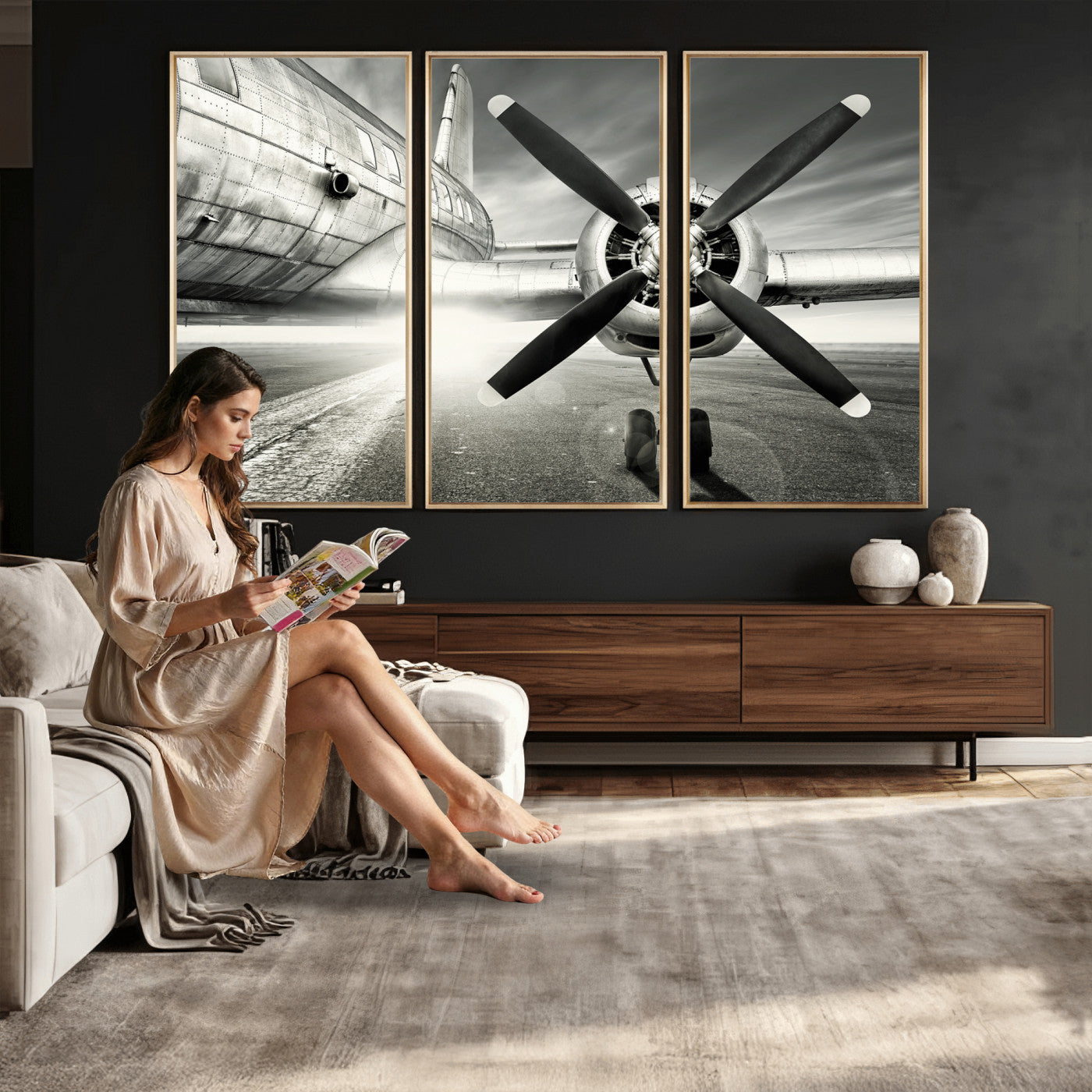 16420255-MGV-CV-36X24 - Vintage Airplane Wall Art Canvas Print, Black and White Propeller Aircraft Framed Aviation Artwork for Pilot Office Hangar Living Room Decor