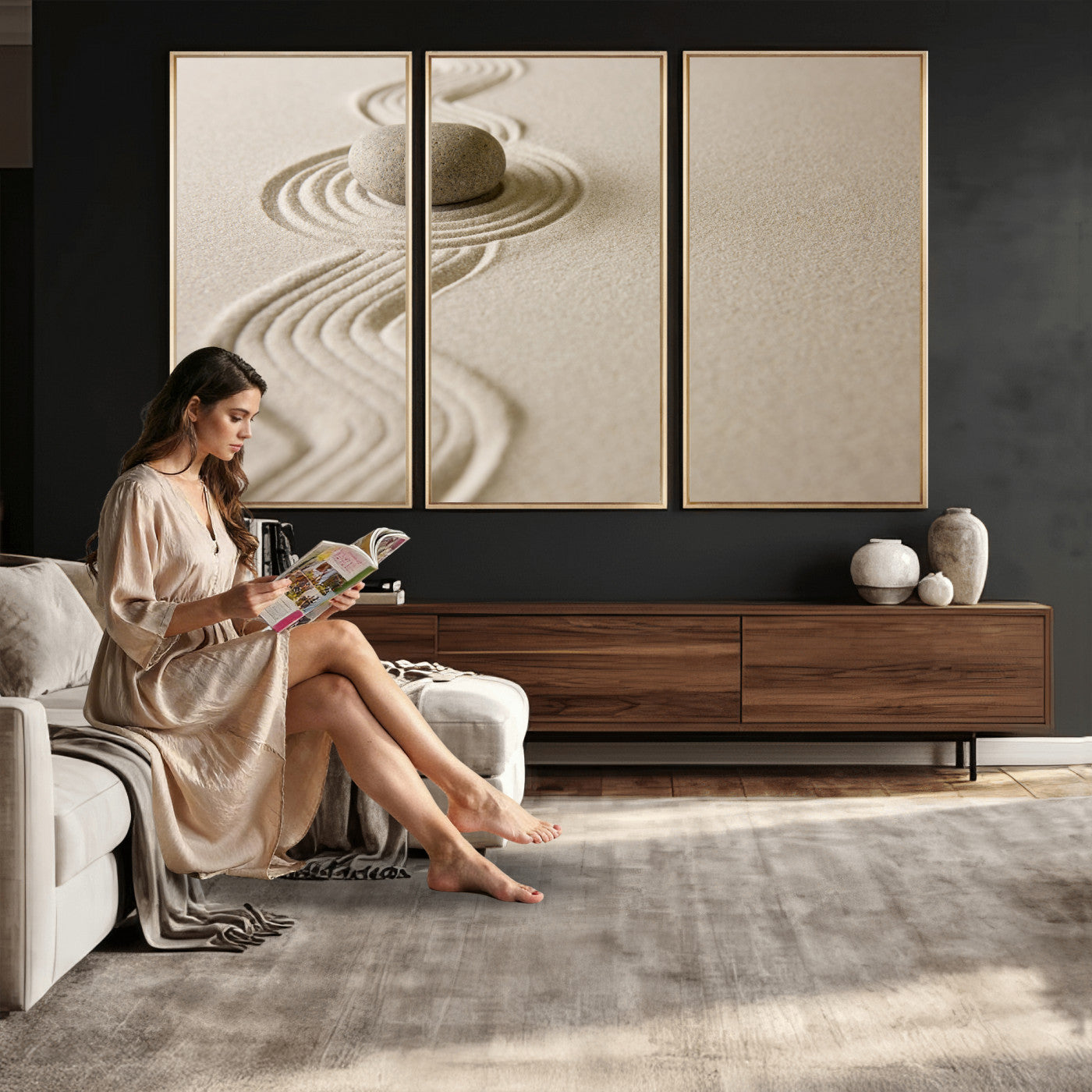 66852661-MGV-CV-36X24 - Zen Garden Stone Sand Canvas | Japanese Rock Garden Wall Art | Minimalist Meditation Print | Neutral Beige Mindfulness Decor