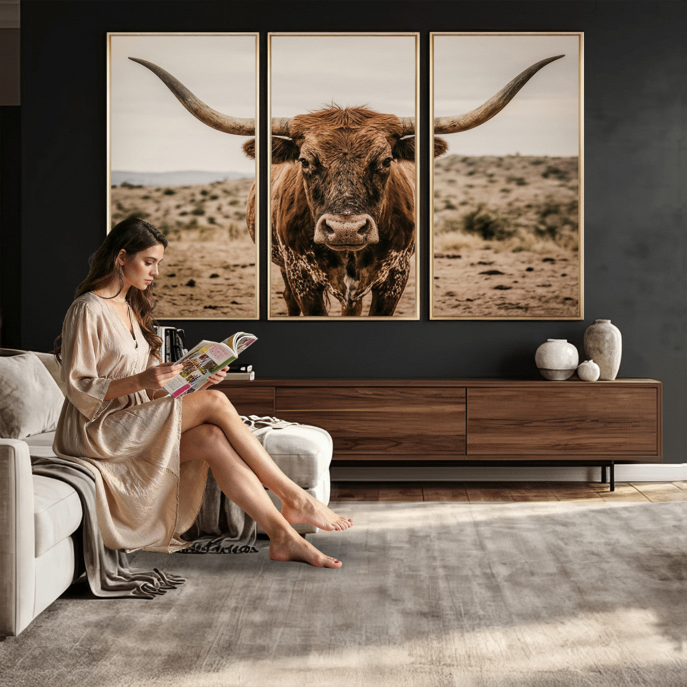 17622011K-MGV-CV-36X24 - Texas Longhorn Bull Wall Art Canvas Print, Western Farmhouse Cowboy Decor, Rustic Texas Ranch Cattle Artwork for Living Room Bedroom Office, Framed Wall Decor