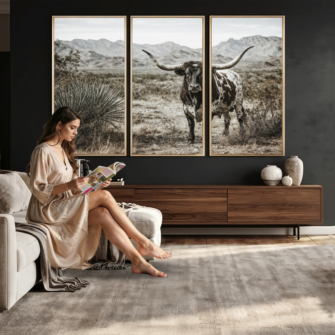 17622011H-MGV-CV-36X24 - Texas Longhorn Bull Wall Art Canvas Print, Western Farmhouse Cowboy Decor, Rustic Texas Ranch Cattle Artwork for Living Room Bedroom Office, Framed Wall Decor