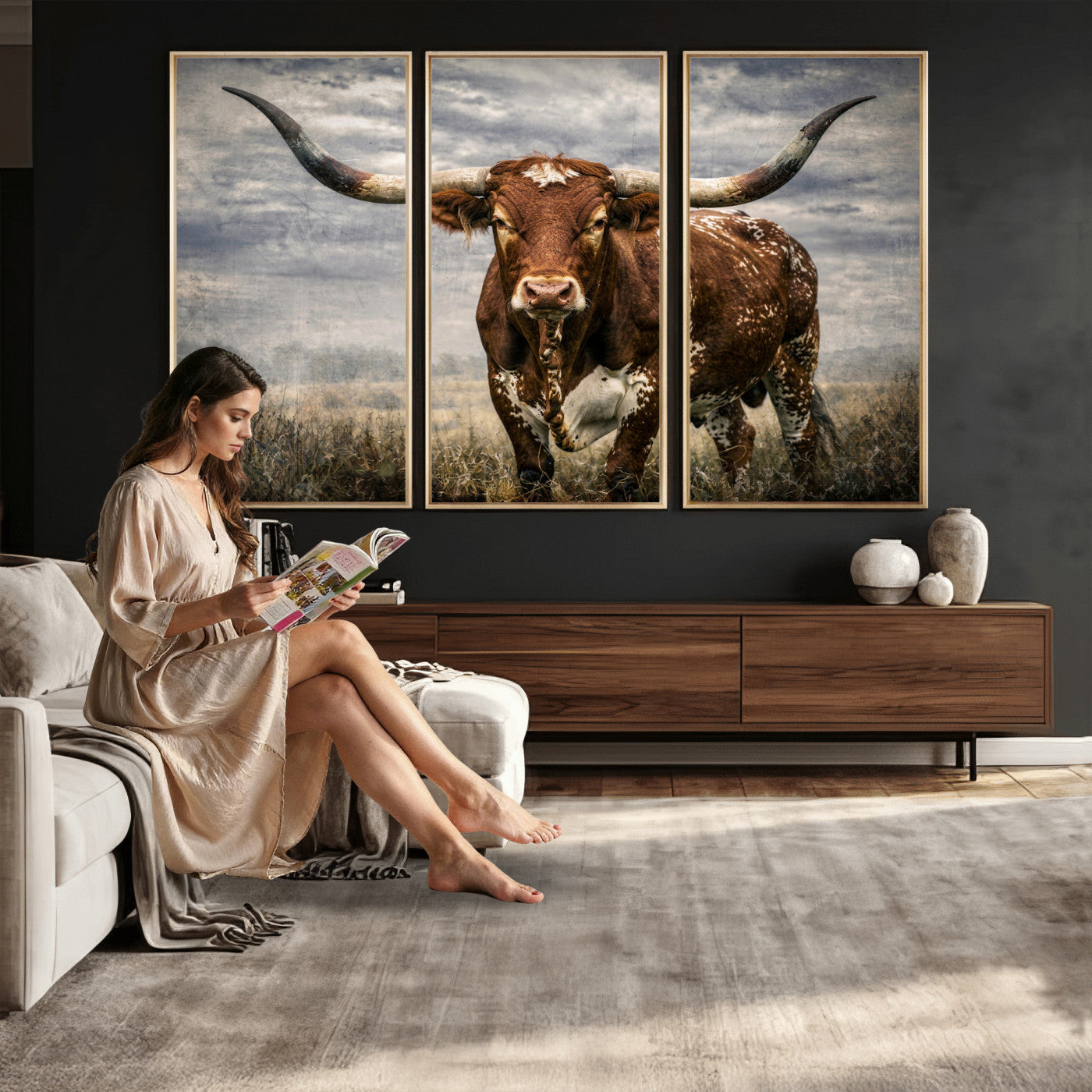 14372769-MGV-CV-36X24 - Texas Longhorn Canvas Wall Art Western Bull Desert Moody Grey Overcast Rustic Farmhouse Framed Large for Living Room Bedroom Office Decor
