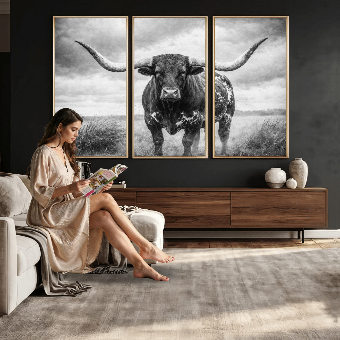 19951238-MGV-CV-36X24 - Texas Longhorn Canvas Wall Art Western Bull Desert Moody Grey Overcast Rustic Farmhouse Framed Large for Living Room Bedroom Office Decor