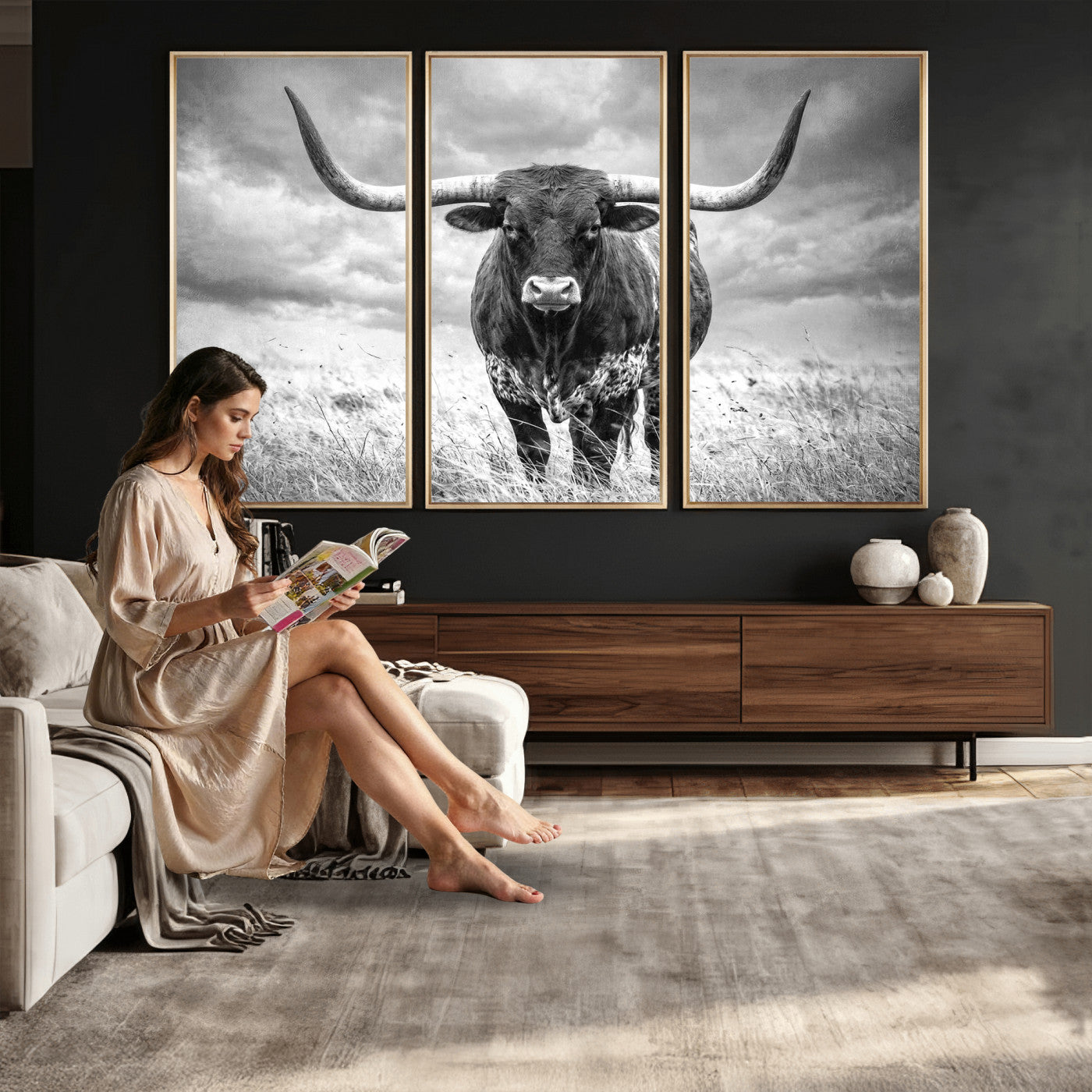63336115-MGV-CV-36X24 - Texas Longhorn Canvas Wall Art Western Bull Desert Moody Grey Overcast Rustic Farmhouse Framed Large for Living Room Bedroom Office Decor