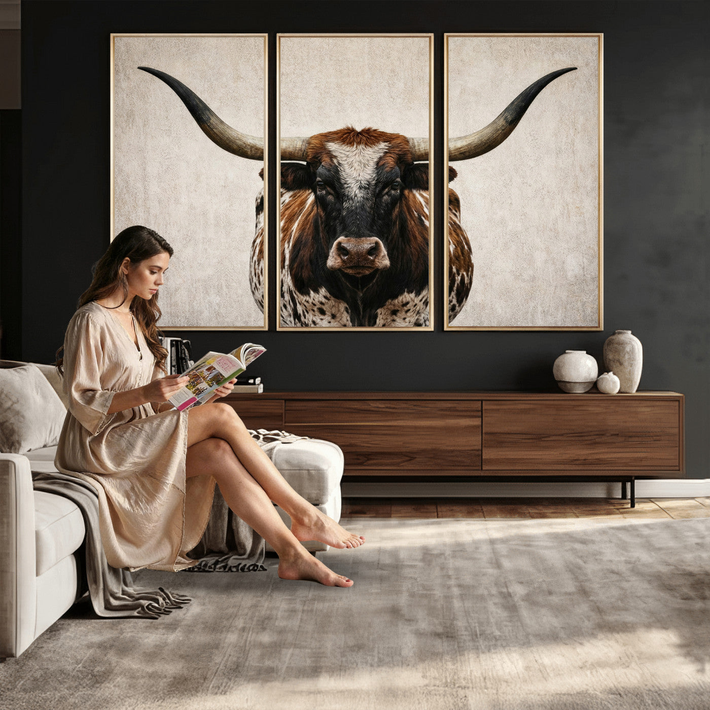 58622065-MGV-CV-36X24 - Texas Longhorn Canvas Wall Art Western Bull Desert Moody Grey Overcast Rustic Farmhouse Framed Large for Living Room Bedroom Office Decor
