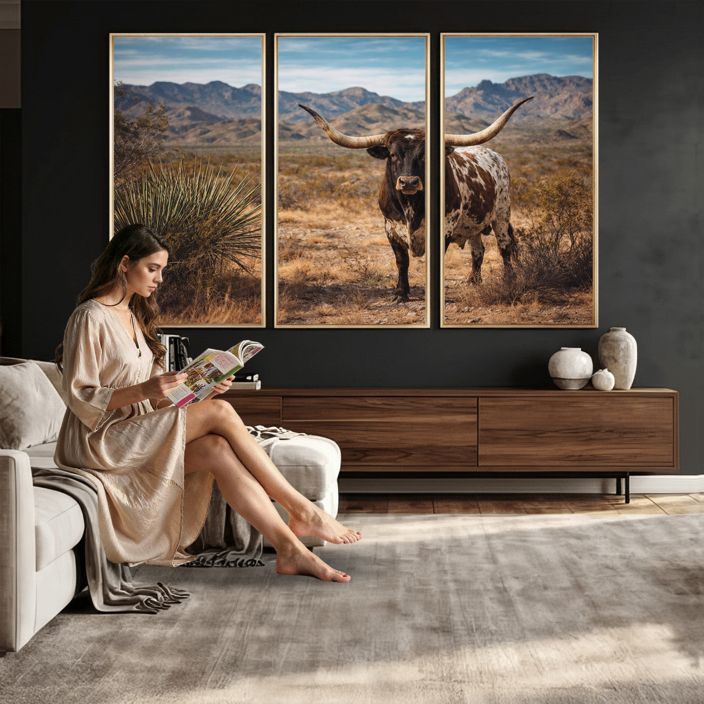 26448918-MGV-CV-36X24 - Texas Longhorn Canvas Wall Art Western Bull Desert Moody Grey Overcast Rustic Farmhouse Framed Large for Living Room Bedroom Office Decor