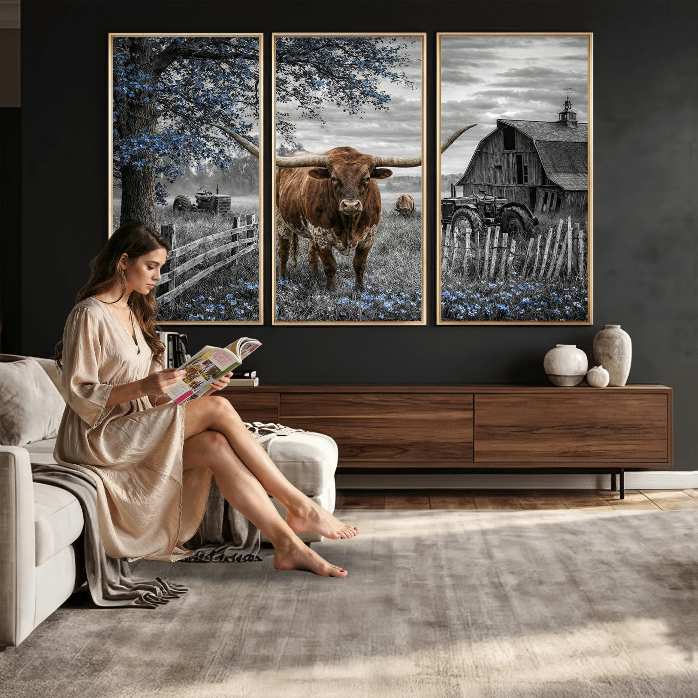 19366343-MGV-CV-36X24 - Texas Longhorn Canvas Wall Art, Rustic Farm Barn Bluebonnet Photography Print, Farmhouse Country Decor, Western Ranch Art, Old Truck Tractor Print