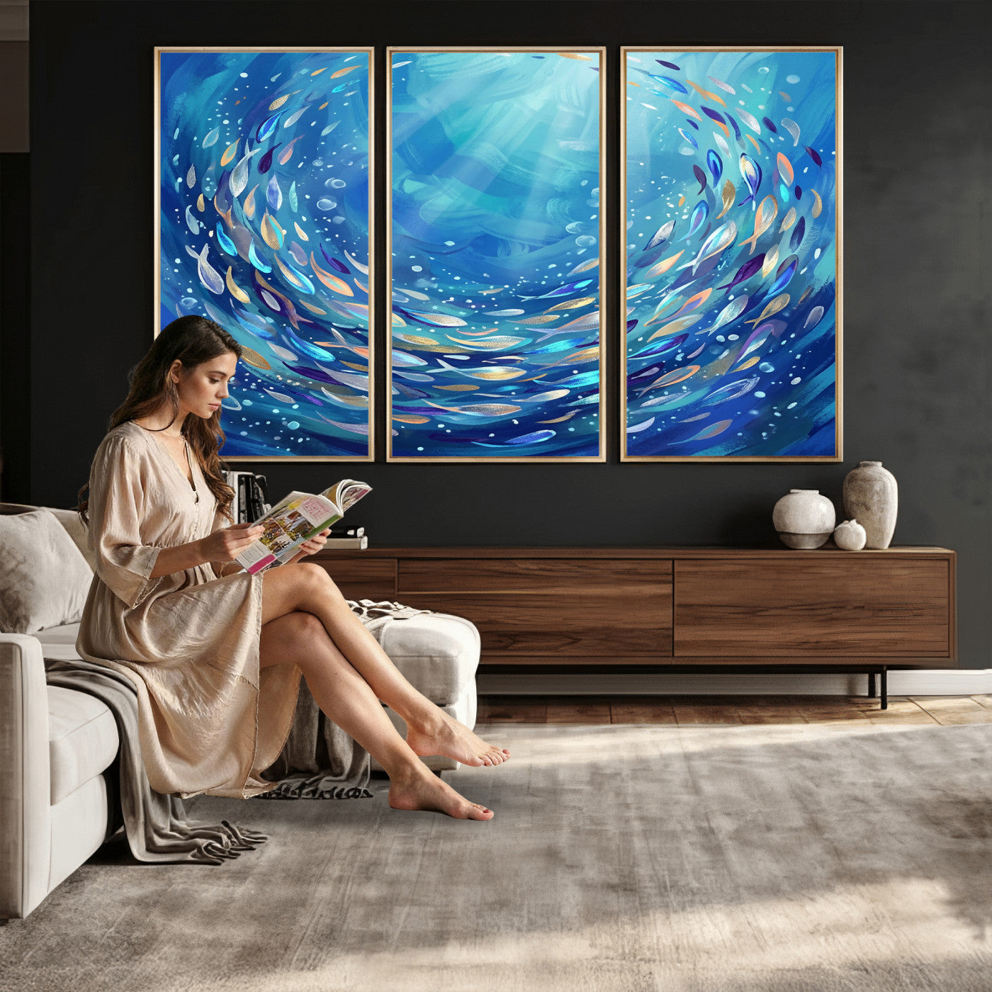 78699899-MGV-CV-36X24 - School of Fish Canvas Print | Blue Ocean Underwater Wall Art | Swirling Fish Shoal Illustration | Marine Navy Coastal Decor