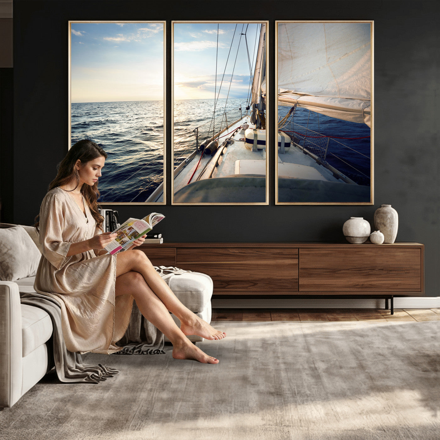 76381335-MGV-CV-36X24 - Sailboat Wall Art Canvas Print, Ocean Sunset Sailing Framed Artwork, Coastal Nautical Seascape Decor for Living Room Office Beach House