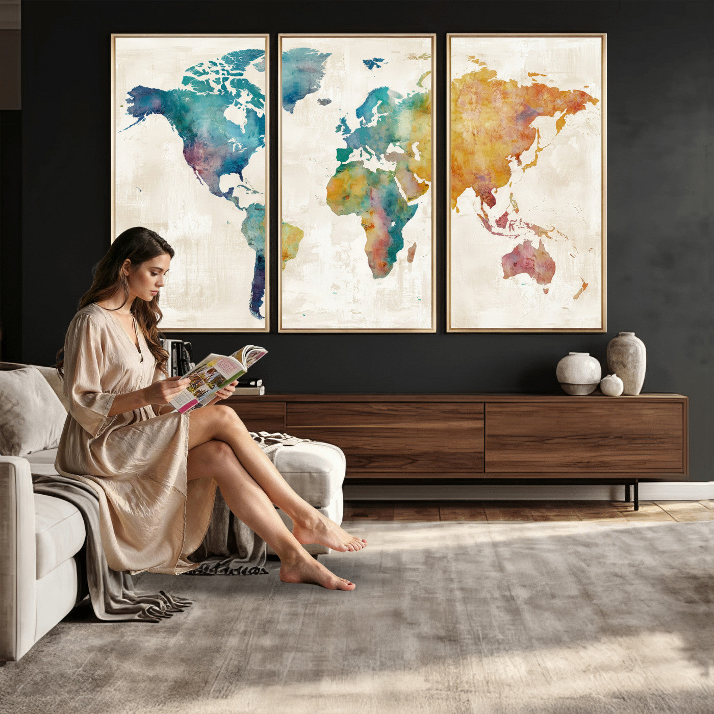 56556018-MGV-CV-36X24 - Watercolor World Map Canvas Wall Art Print – Abstract Colorful Travel Wall Decor