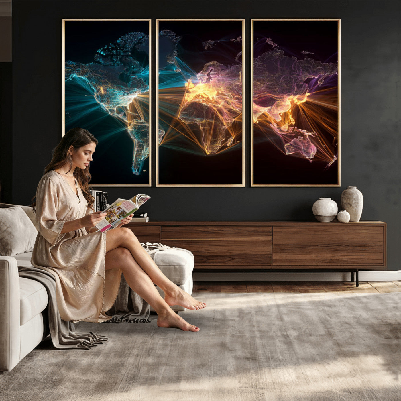 14891737-MGV-CV-36X24 - World Map and Global Flight Routes Map Canvas Wall Art, Worldwide Aviation Network Print, International Air Travel Wall Decor