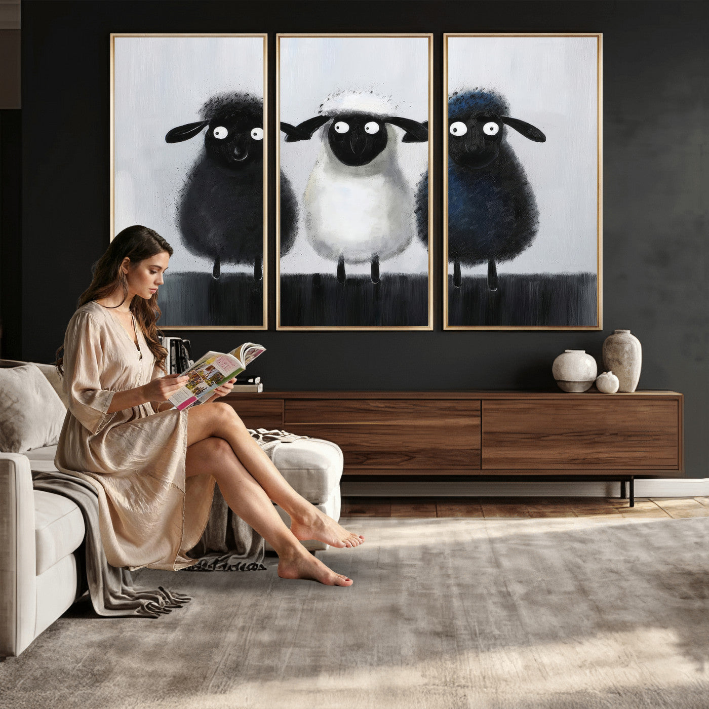 45650028-MGV-CV-36X24 - Funny Sheep Canvas Wall Art, Three Quirky Sheep Painting Print, Cute Animal Nursery Decor, Black White Navy Farmhouse Art, Kids Room Gift