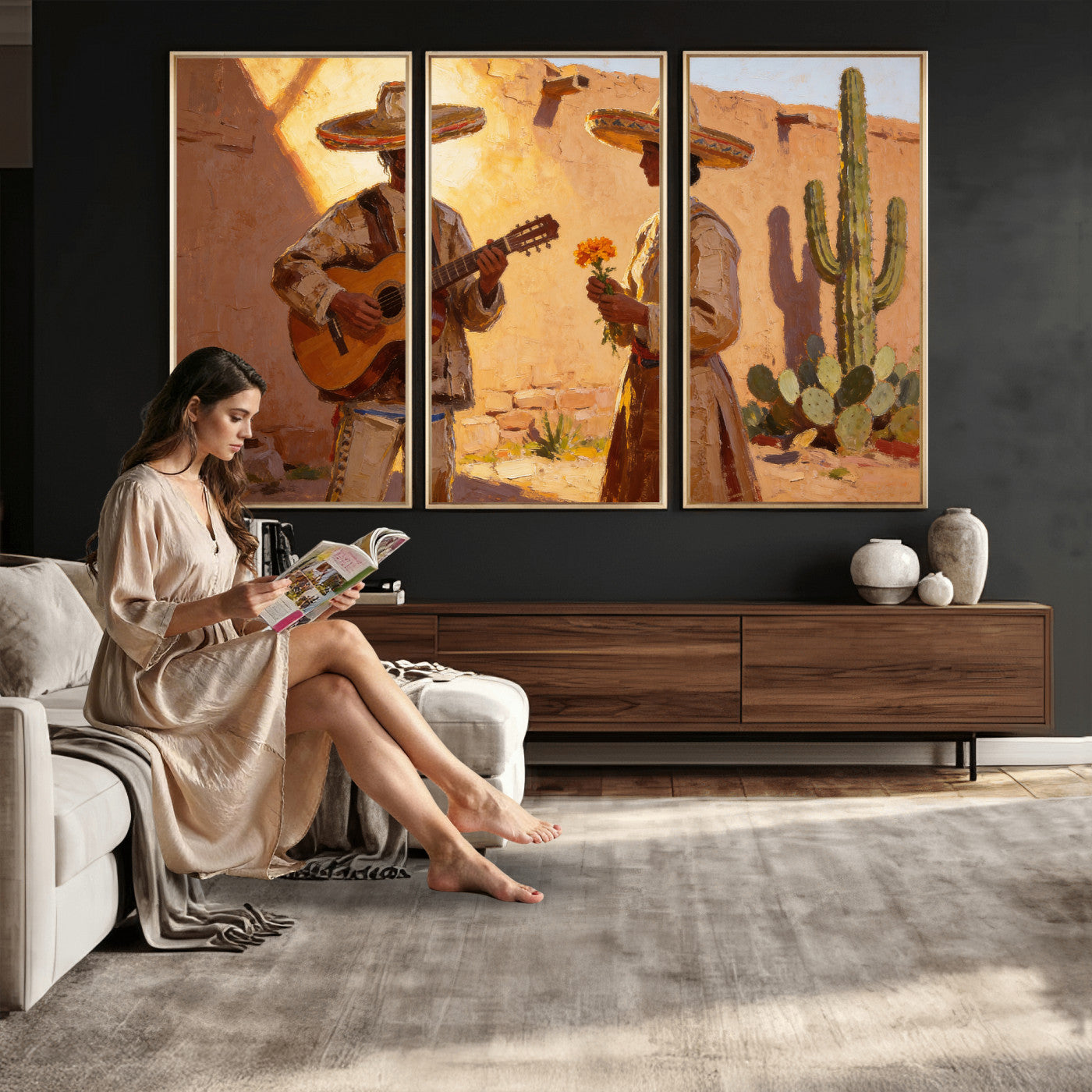 41849005-MGV-CV-36X24 - Mexican Couple Canvas Wall Art, Romantic Serenade Guitar Painting Print, Southwestern Desert Adobe Decor, Warm Golden Folk Art, Living Room Art