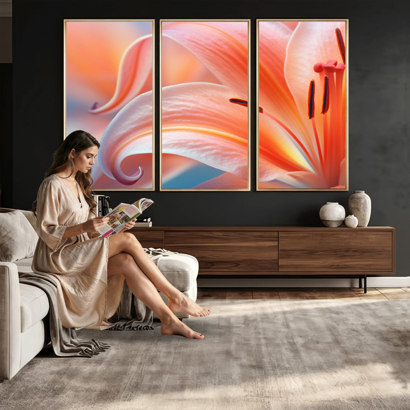 69566231-MGV-CV-36X24 - Peach Lily Canvas Wall Art, Coral Pink Flower Macro Photo Print, Botanical Bedroom Decor, Soft Floral Photography, Living Room Wall Art
