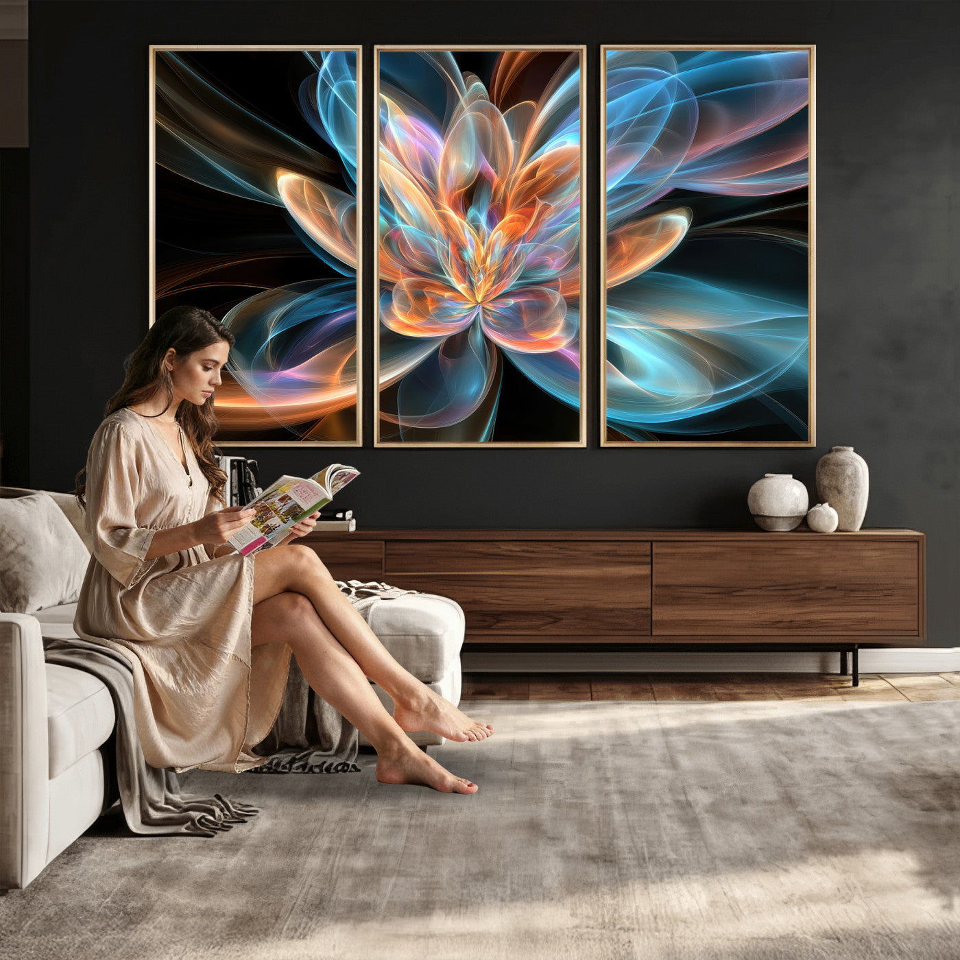 91902283-MGV-CV-36X24 - Fractal Lotus Canvas Wall Art, Blue Orange Glowing Flower Abstract Print, Modern Zen Meditation Room Decor, Ethereal Digital Art, Living Room
