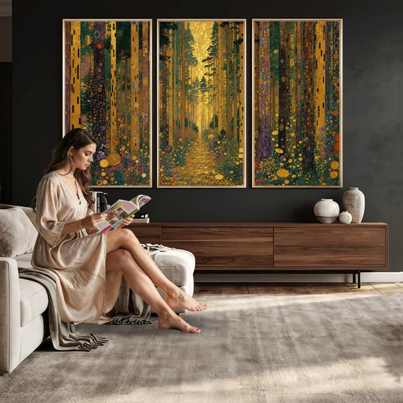 79483321G-MGV-CV-48X32-3P - Gustav Klimt Style Forest Canvas Wall Art, Golden Forest Path Floral Art Nouveau Print, Enchanted Woodland Decor