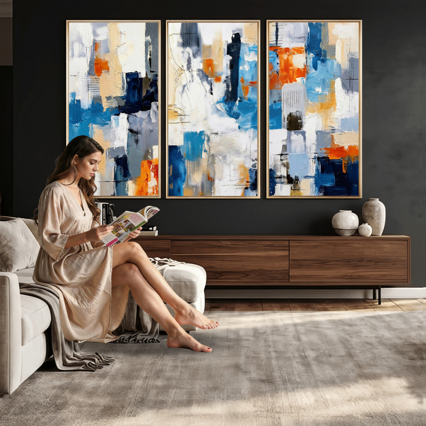 83915061-MGV-CV-36X24 - Blue Teal Abstract Canvas Wall Art, Modern Textured Painting Print, Navy Orange White Contemporary Art, Neutral Living Room Decor, Office Art