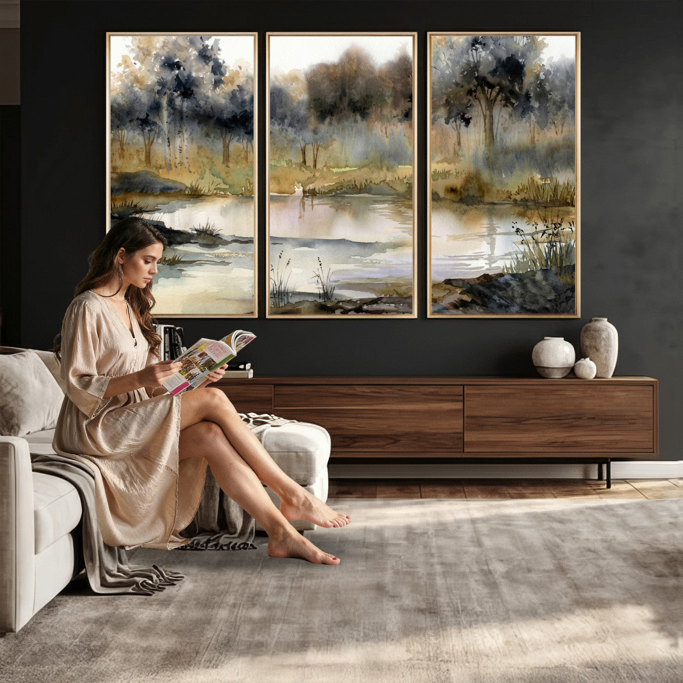 27383609-MGV-CV-36X24 - Abstract WatercolorAutumn Lake Canvas Wall Art Print, Misty Forest Landscape, Rustic Nature Painting, Cabin Wall Decor, Ready to Hang