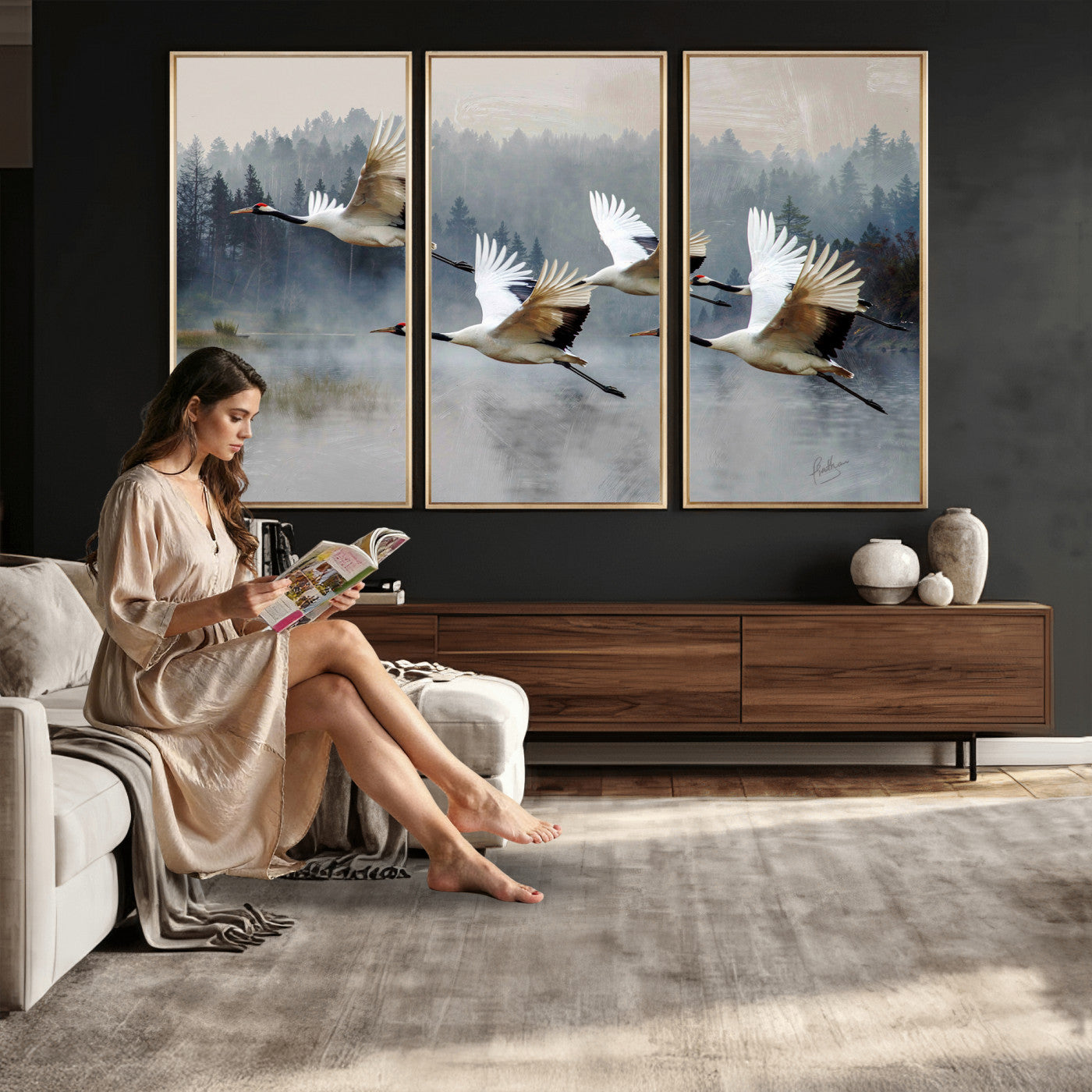 24356826-MGV-CV-36X24 - Flying Crane Canvas Wall Art Print, White Crane Bird Artwork, Wildlife Nature Decor, Lake Landscape Canvas, Ready to Hang