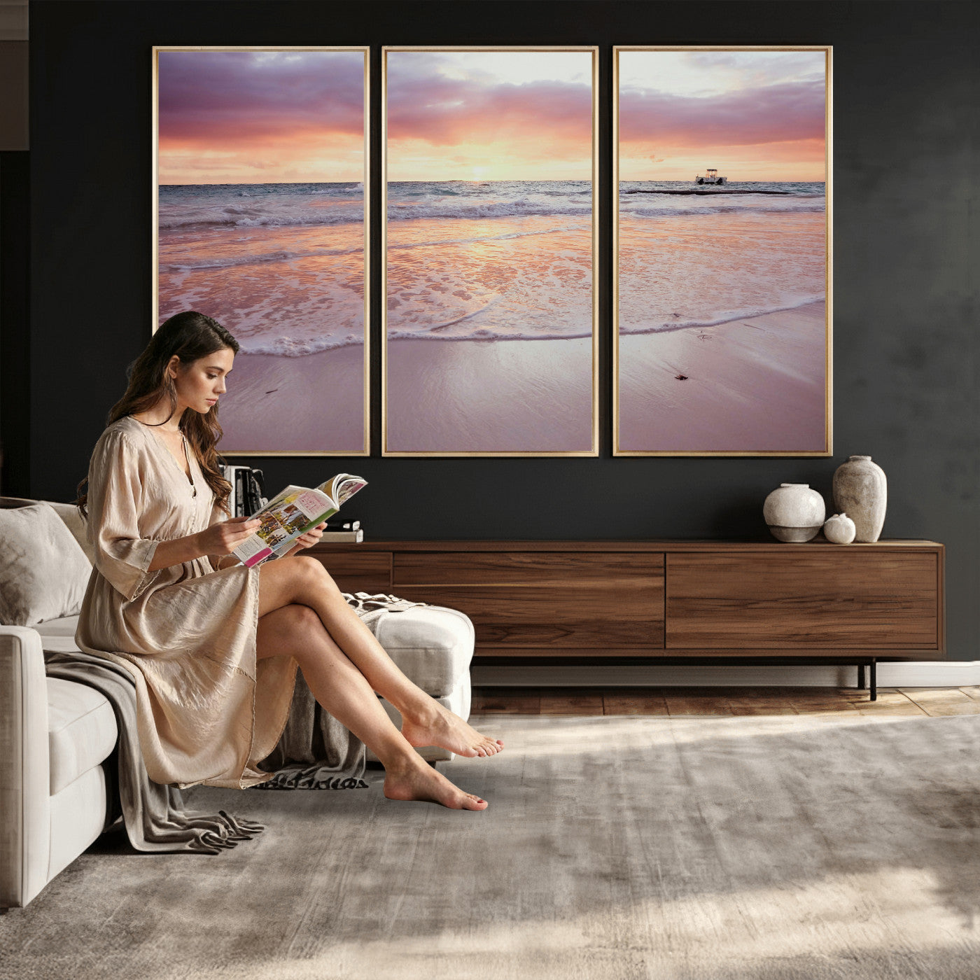 44765395-MGV-CV-36X24 - Beach Sunset Canvas Wall Art Print, Ocean Waves Landscape, Coastal Photography, Seascape Wall Decor, Ready to Hang