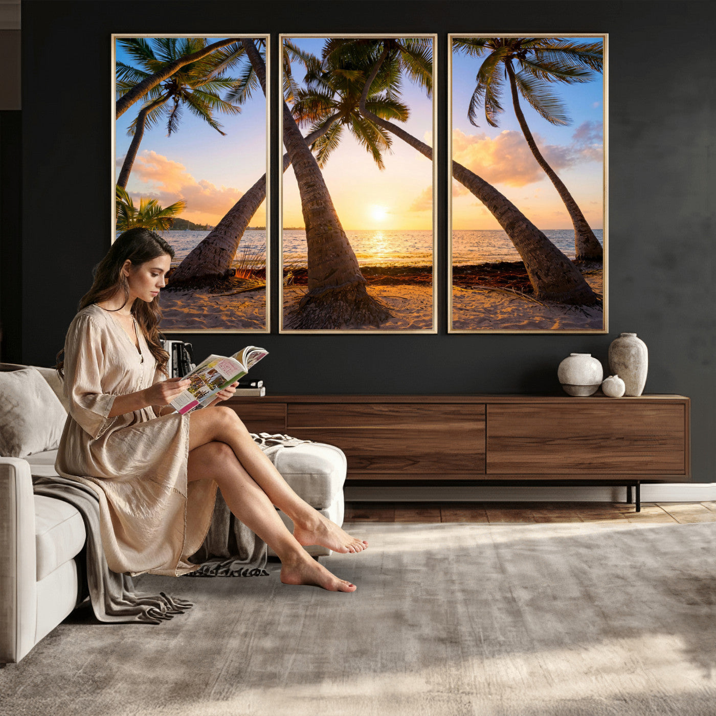 75123213-MGV-CV-36X24 - Tropical Island Coconut Palm Trees Sunset Wall Art Canvas Print - Turquoise Beach Print for Nautical Home Decor