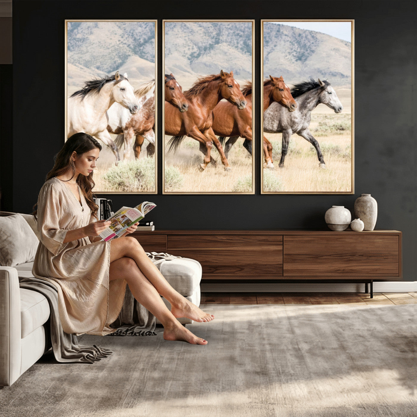 68345893-MGV-CV-36X24 - Five Mustangs Running Wild in Mountain Valley Wall Art Canvas Print - Rustic Western Decor