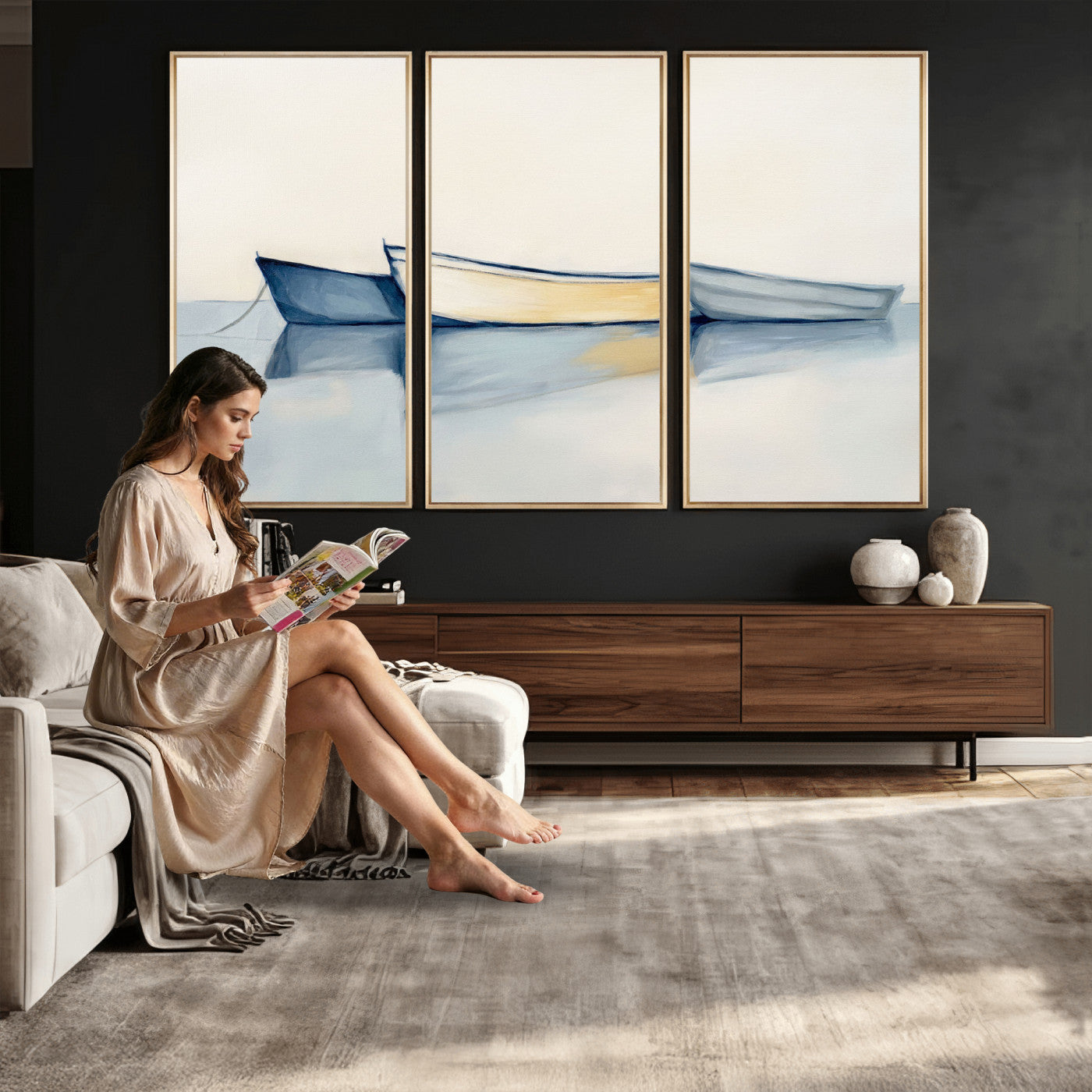 84017361-MGV-CV-36X24 - Abstract Three Boats Reflecting on Water Wall Art Canvas Print - Minimalist Coastal Seascape