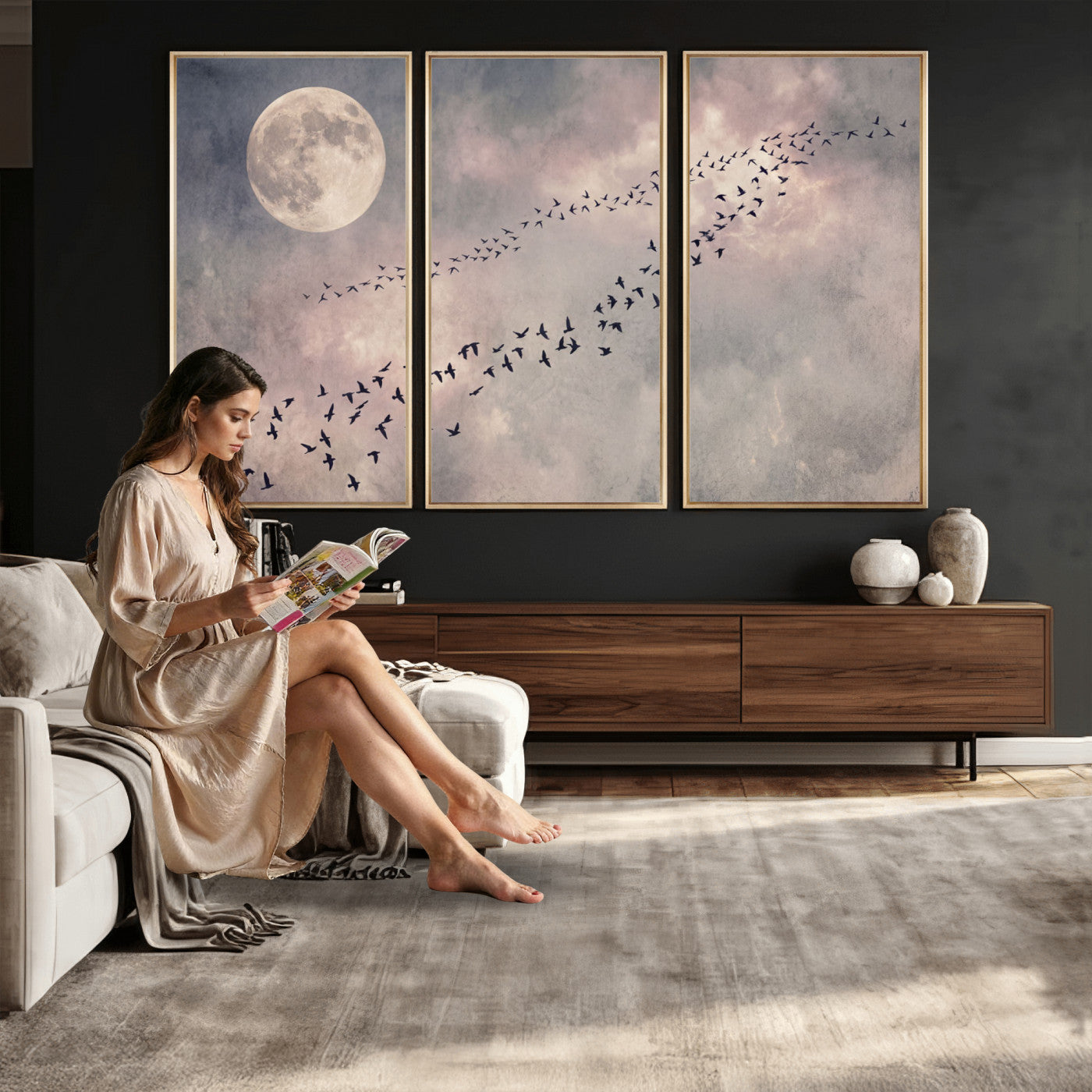 52339590-MGV-CV-36X24 - Birds Flying to Moon Wall Art Canvas Print - Vintage Surreal Night Sky Sky Print