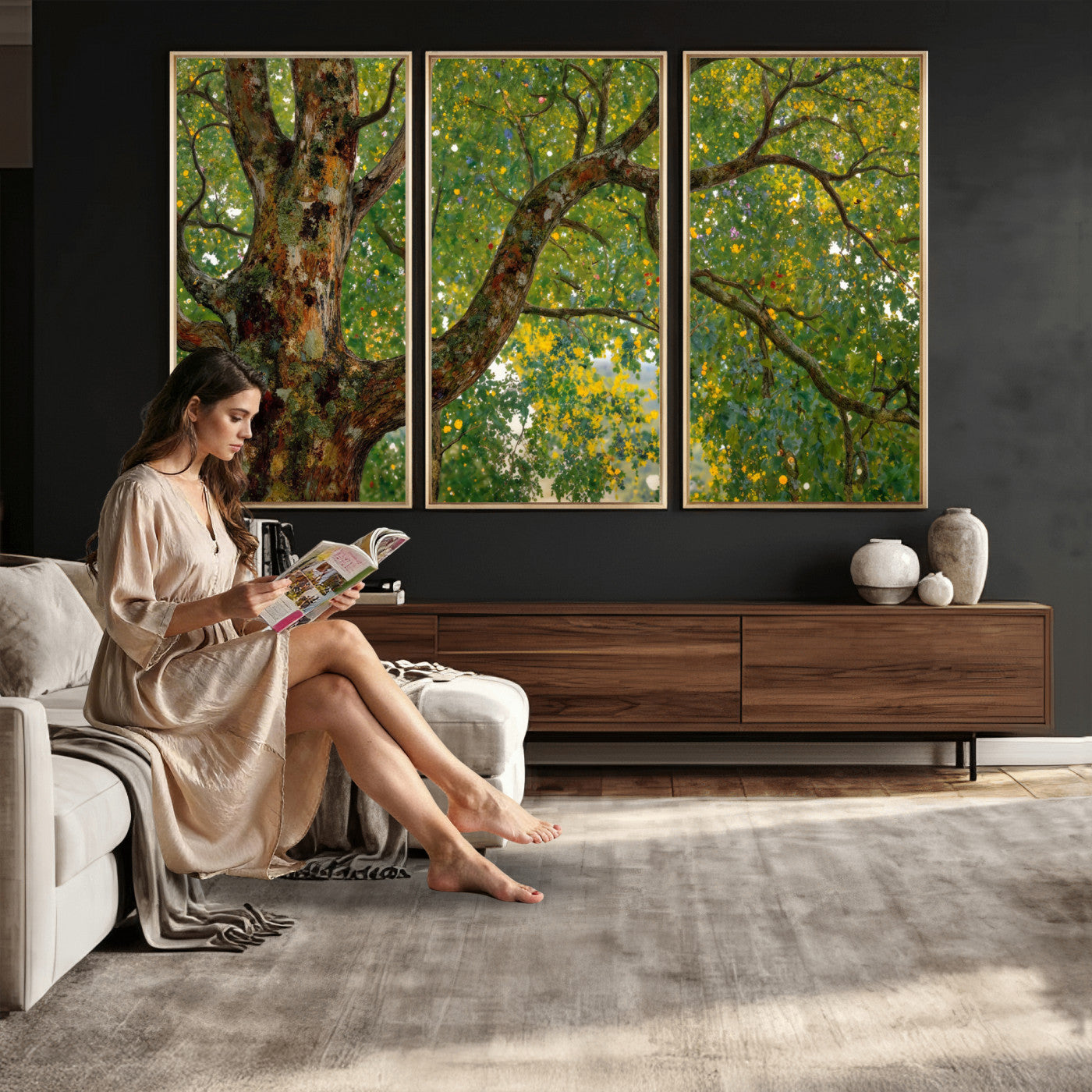 23663535-MGV-CV-36X24 - Vintage Summer Forest Green Tree Wall Art Canvas Print, Lush Leaves Impressionist Painting Print