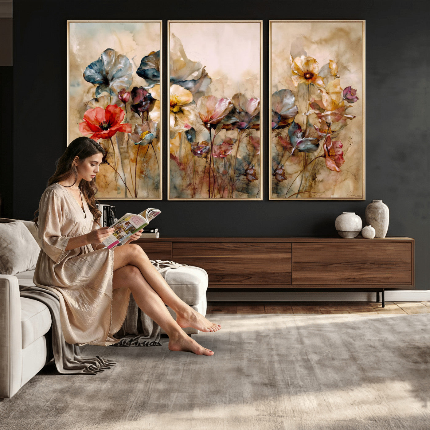 11407233-MGV-CV-36X24 - Vintage Dried Floral Meadow Wall Art Canvas Print, Translucent Watercolor Flowers Painting Print